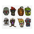 Freaky Features Sticker Sheet Set #2, transparent die-cut sheet with 8 hand-drawn monster heads including Fishman, Mushroom Boy, PumpkinJack, Radioactive Blob, Ghost, Flaming Skull, and Robo Bobo

