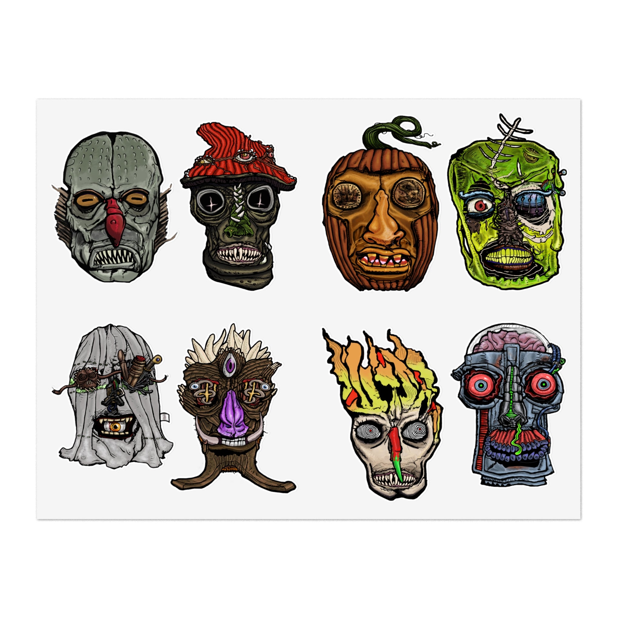 Freaky Features Sticker Sheet Set #2, transparent die-cut sheet with 8 hand-drawn monster heads including Fishman, Mushroom Boy, PumpkinJack, Radioactive Blob, Ghost, Flaming Skull, and Robo Bobo

