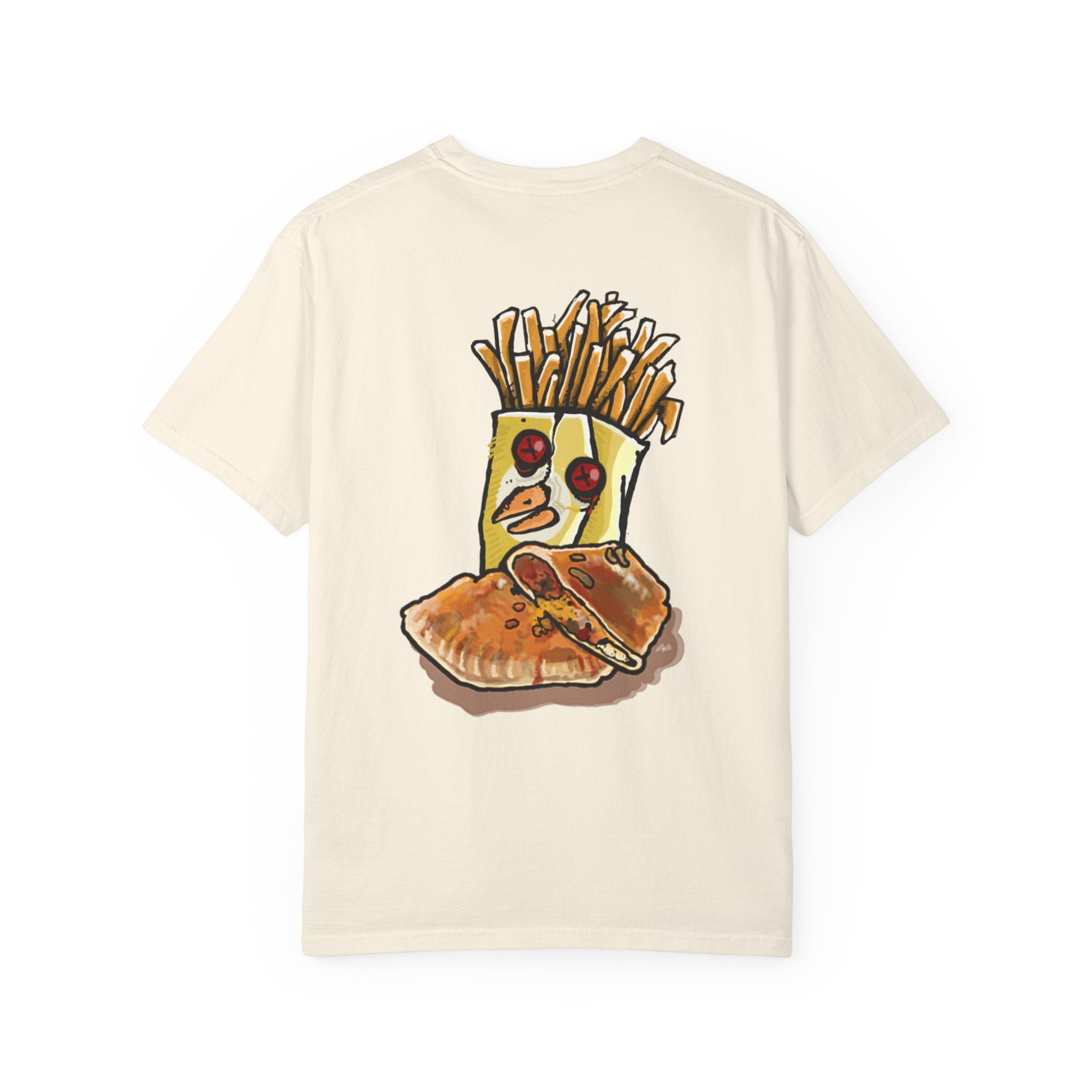 Hand-drawn PizzaBytes Set #4 t-shirt showing a cute blue soda cup monster with heart eyes in front of multiple open pizza boxes from PizzaBytes collection

