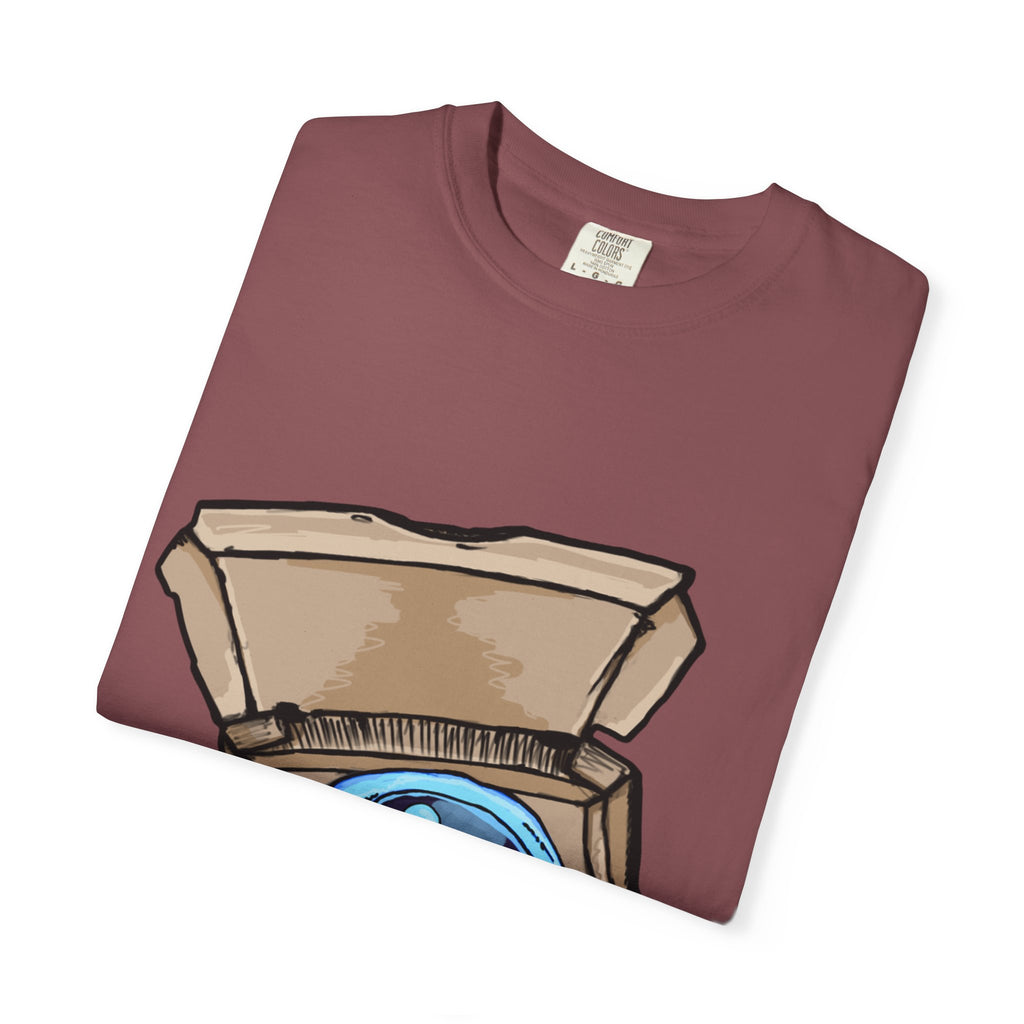 Hand-drawn ice pizza box t-shirt showing open pizza box with glowing blue ice pizza and floating orbs from PizzaBytes collection

