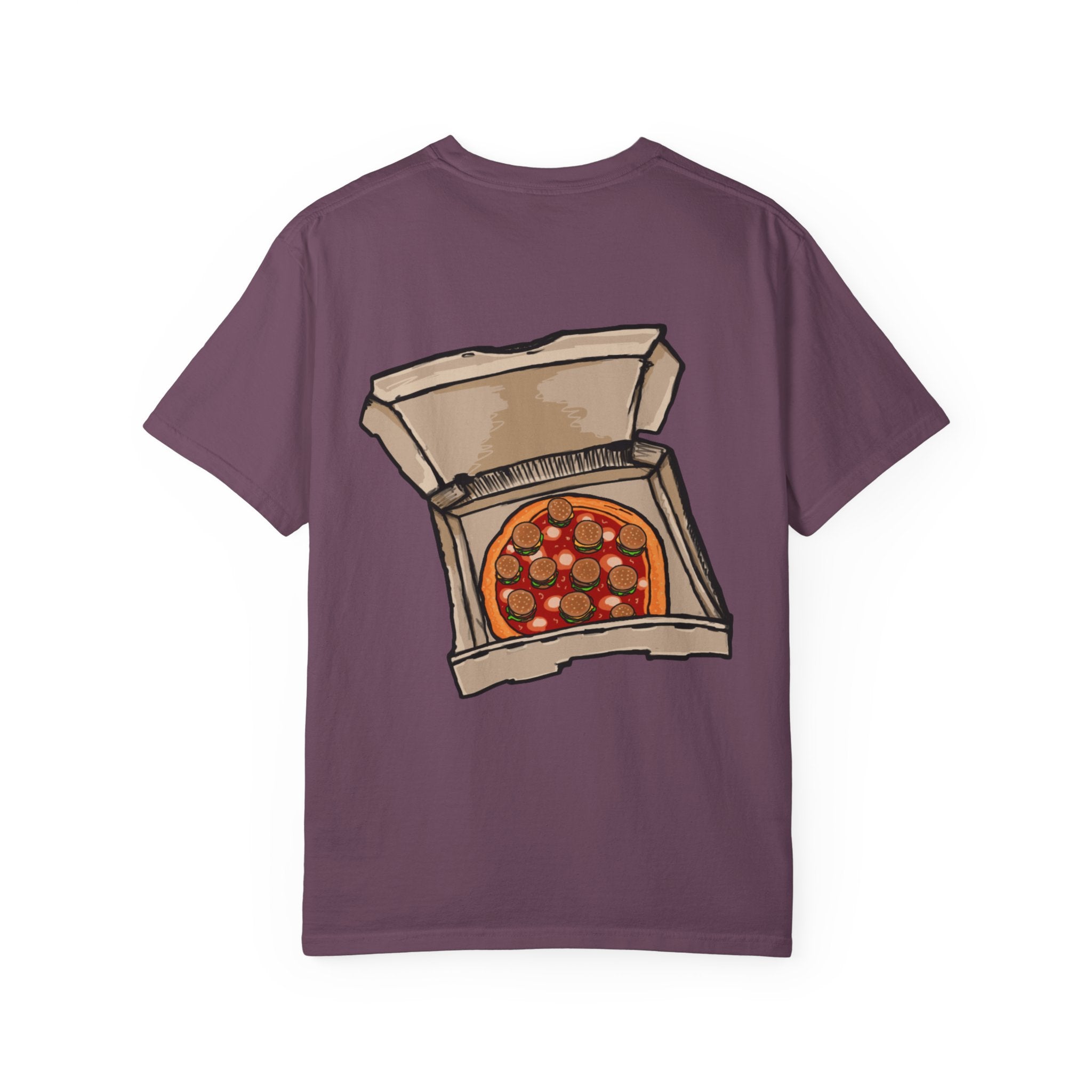 Freaky Features Werewolf t-shirt, front shows werewolf head with glowing yellow eyes and bandaged nose, back shows open pizza box with pepperoni pizza topped with mini cheeseburgers
