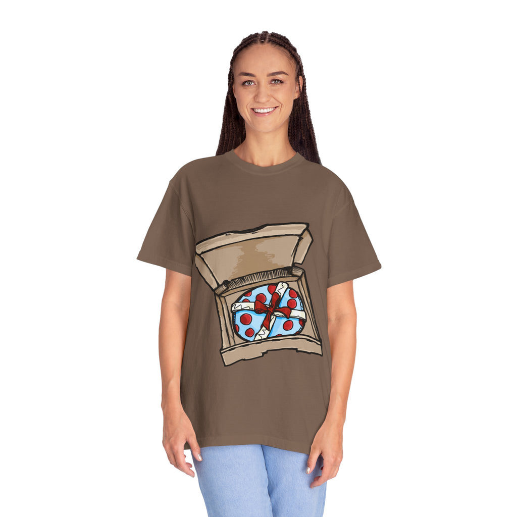 Hand-drawn gift pizza box t-shirt showing open pizza box with blue polka-dotted wrapped gift and red bow on Comfort tee from PizzaBytes collection

