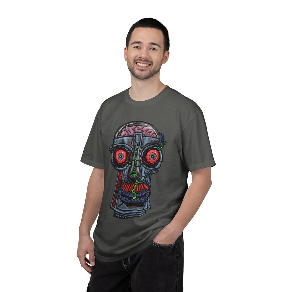 Freaky Features Robo Bobo t-shirt, front shows cybernetic robot skull with exposed brain and glowing eyes, back shows open pizza box with 8-bit pixel pepperoni pizza

