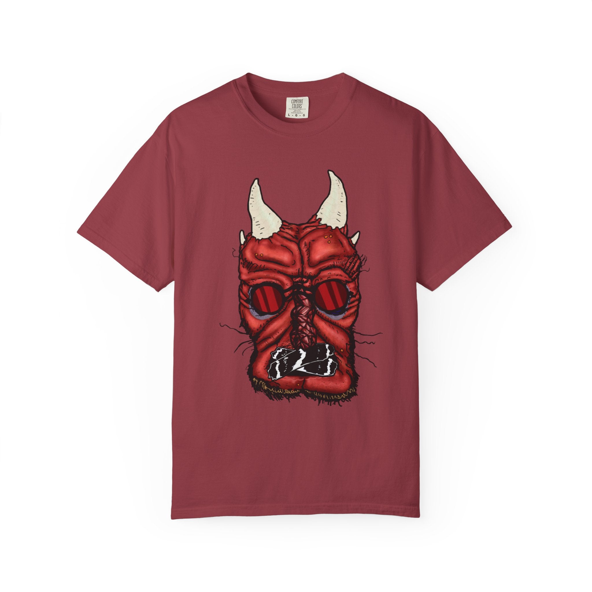 Freaky Features Demon t-shirt, front shows red demon head with horns and glowing eyes, back shows open pizza box being raided by little red devils

