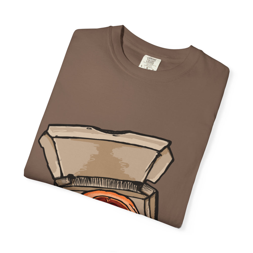 Hand-drawn classic pepperoni pizza box t-shirt showing open pizza box with pepperoni pizza from PizzaBytes collection

