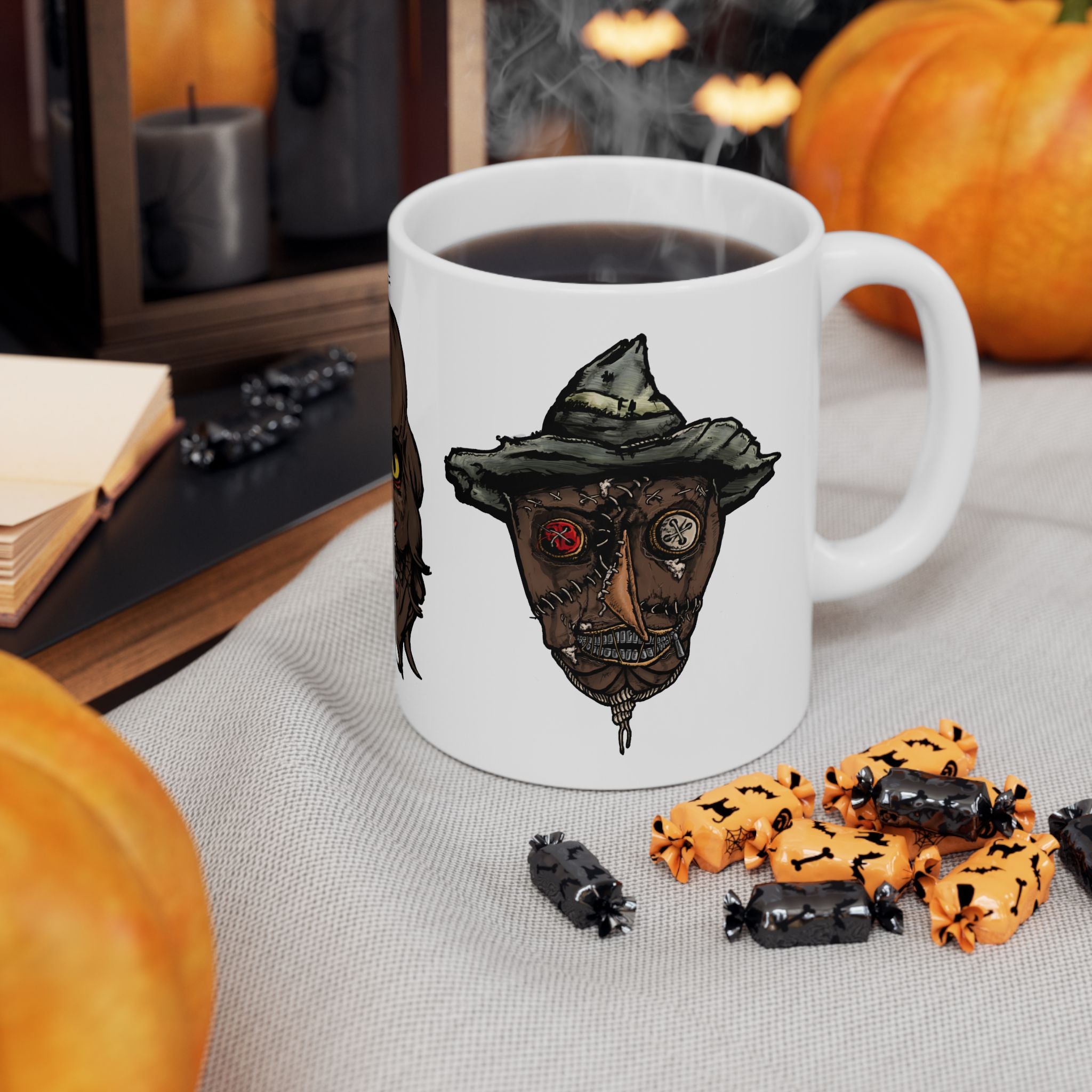 Freaky Features Werewolf Scarecrow PumpkinJack mug showing three monster designs: brown werewolf with yellow eyes, scarecrow with witch hat, and carved pumpkin head on white ceramic mug
