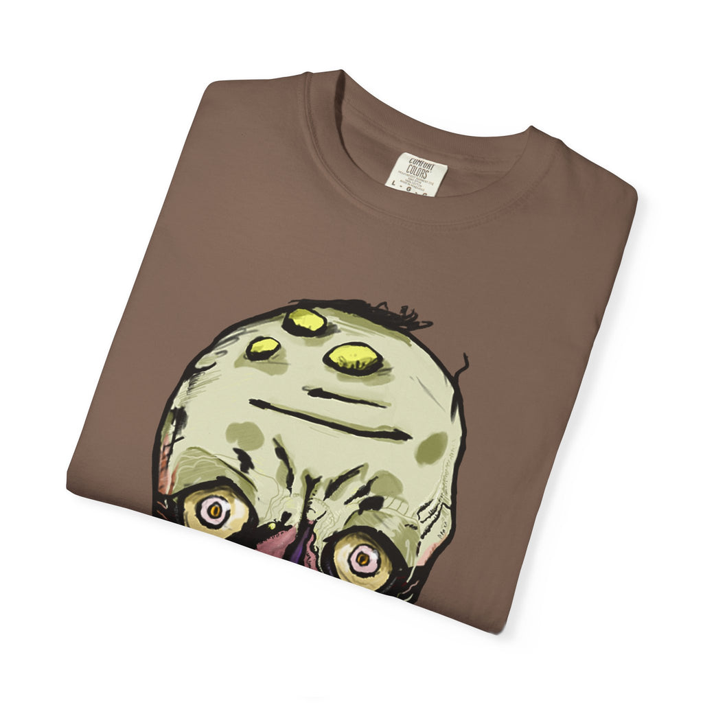 Freaky Features Gremlin t-shirt, front shows grotesque gremlin head with yellow hair and long tongue, back shows open pizza box with wrapped gift inside
