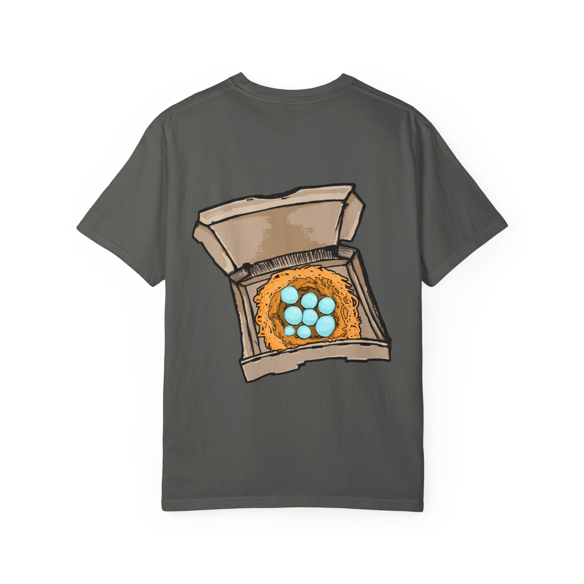 Freaky Features HorrorBird t-shirt, front shows deranged rooster head with long tongue, back shows open pizza box with bird nest and blue eggs
