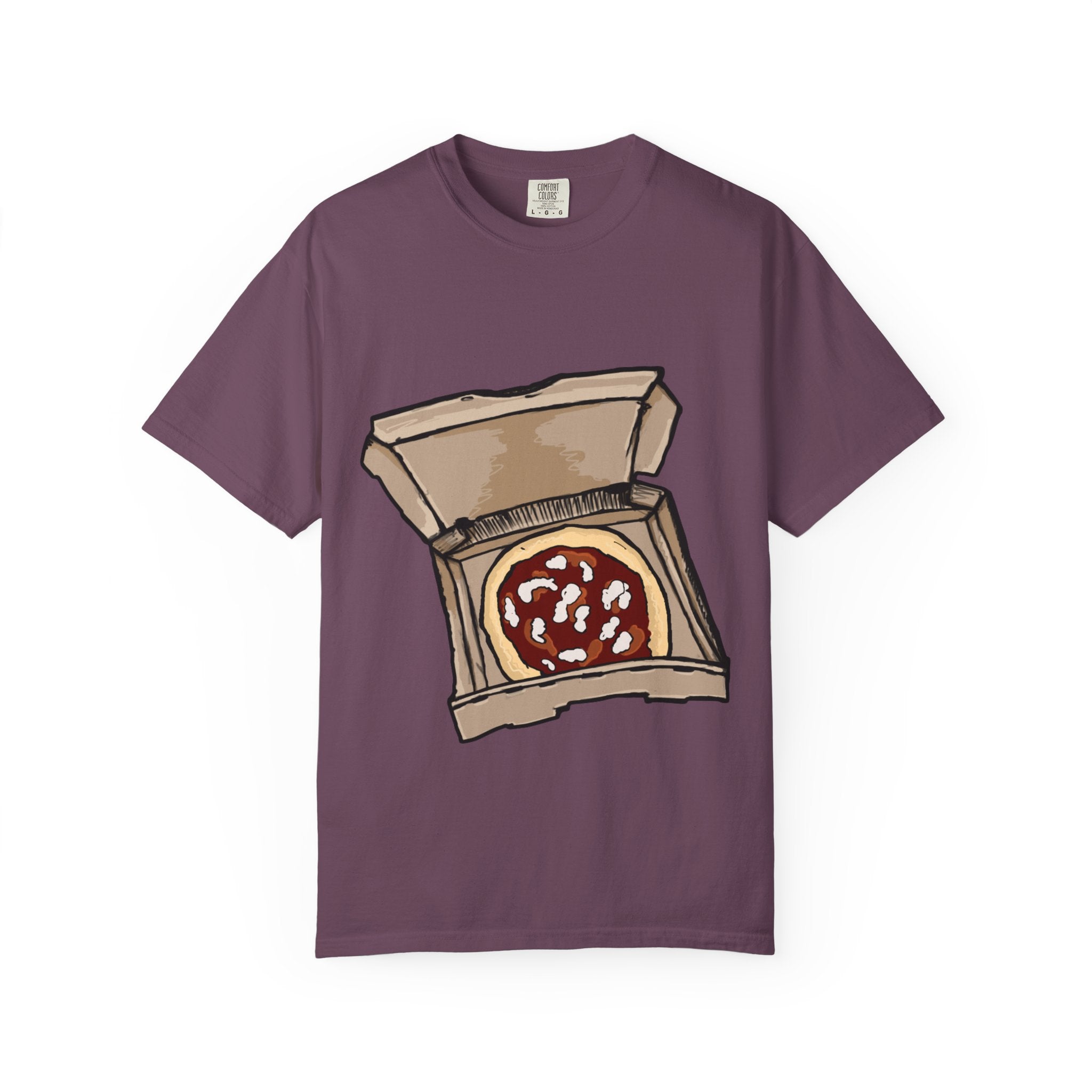 Hand-drawn mozzarella pizza box t-shirt showing open pizza box with red sauce and mozzarella cheese from PizzaBytes collection

