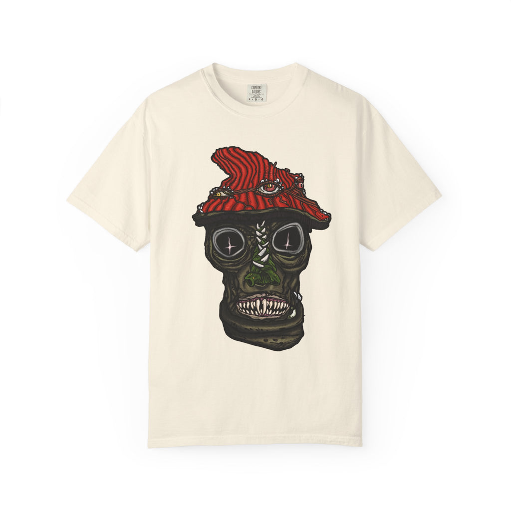 Freaky Features Mushroom Boy t-shirt, front shows grotesque mushroom skull with red cap and multiple eyes, back shows open pizza box with rainbow sprinkle donut

