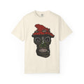 Freaky Features Mushroom Boy t-shirt, front shows grotesque mushroom skull with red cap and multiple eyes, back shows open pizza box with rainbow sprinkle donut

