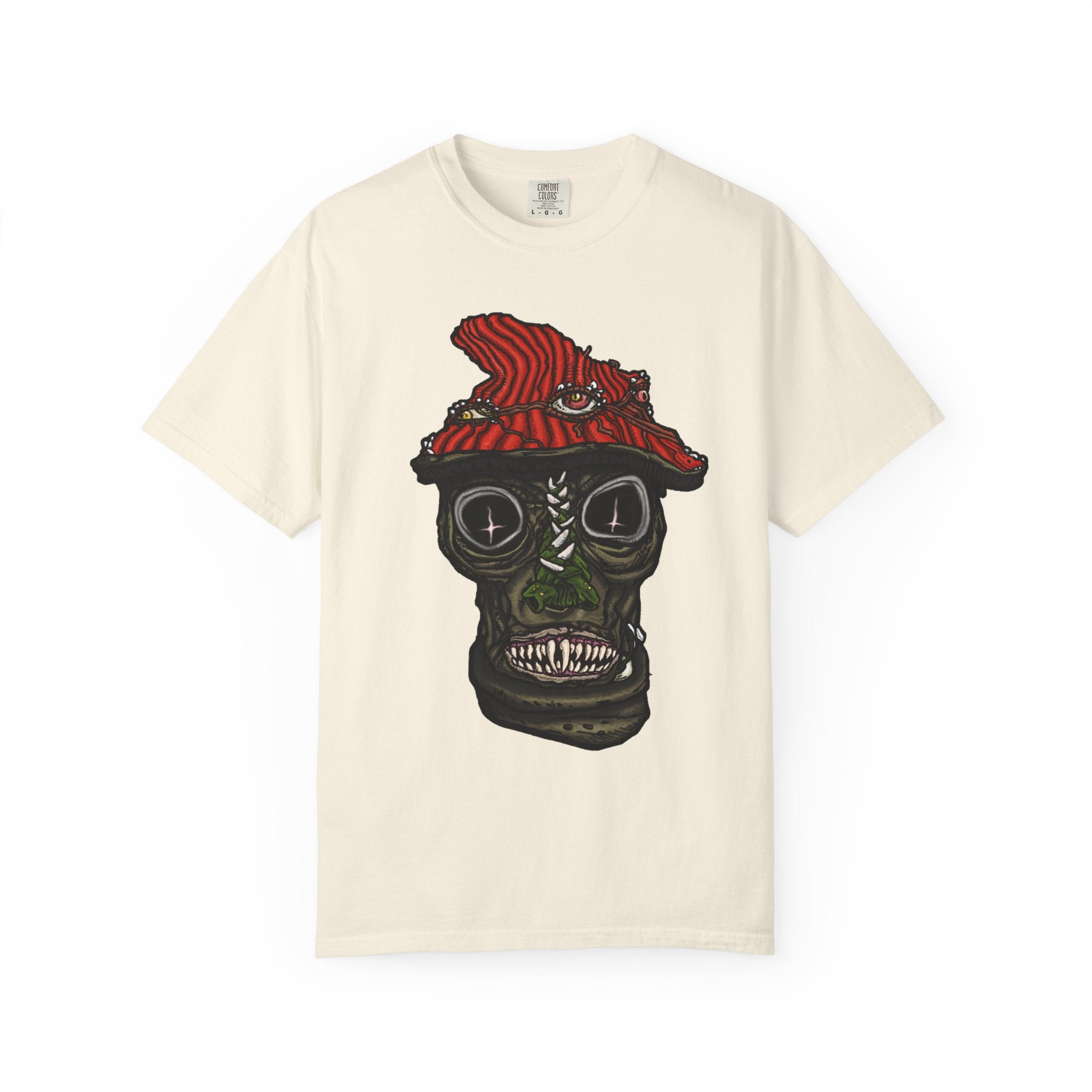 Freaky Features Mushroom Boy t-shirt, front shows grotesque mushroom skull with red cap and multiple eyes, back shows open pizza box with rainbow sprinkle donut

