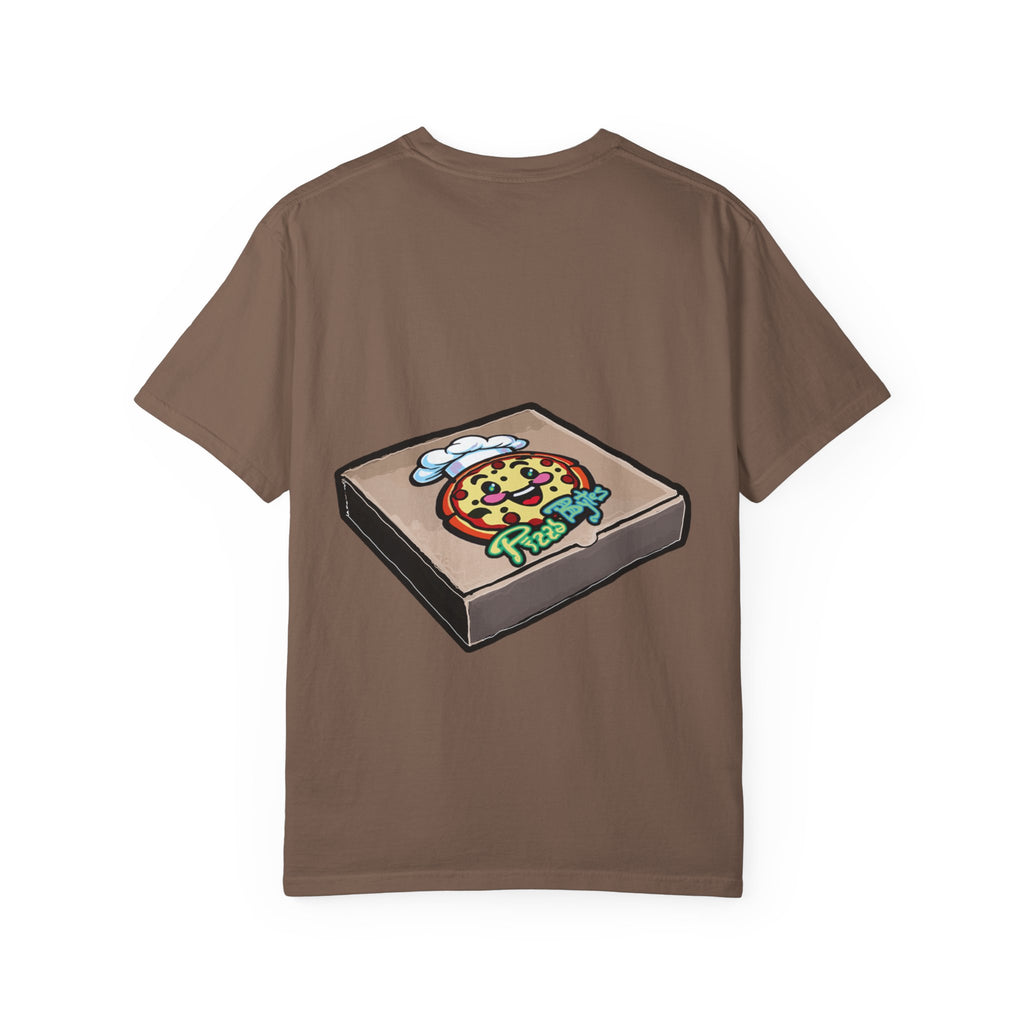 Hand-drawn pepperoni and bullets pizza box t-shirt showing open pizza box with pepperoni pizza surrounded by bullets from PizzaBytes collection


