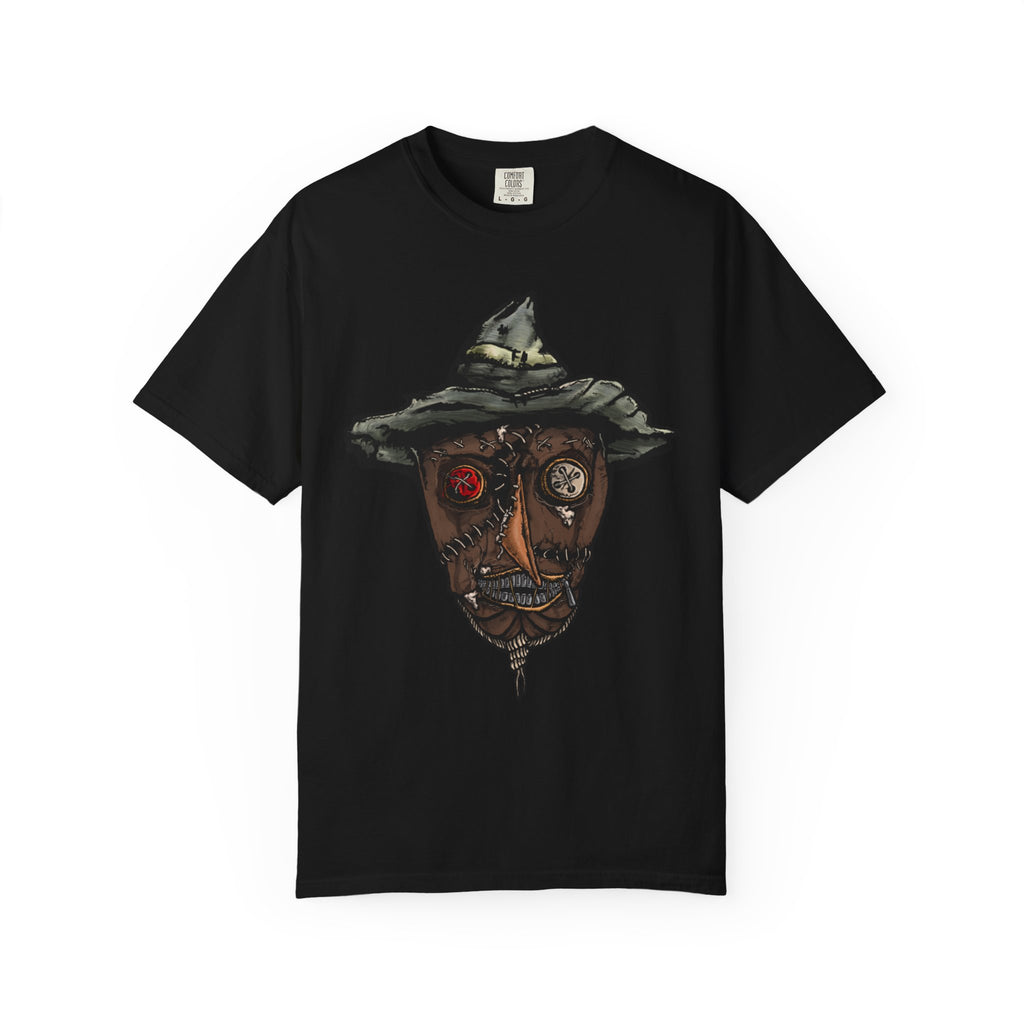 Freaky Features Scarecrow t-shirt, front shows creepy scarecrow head with witch hat and mismatched eyes, back shows open pizza box with lattice cherry pie
