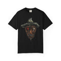 Freaky Features Scarecrow t-shirt, front shows creepy scarecrow head with witch hat and mismatched eyes, back shows open pizza box with lattice cherry pie
