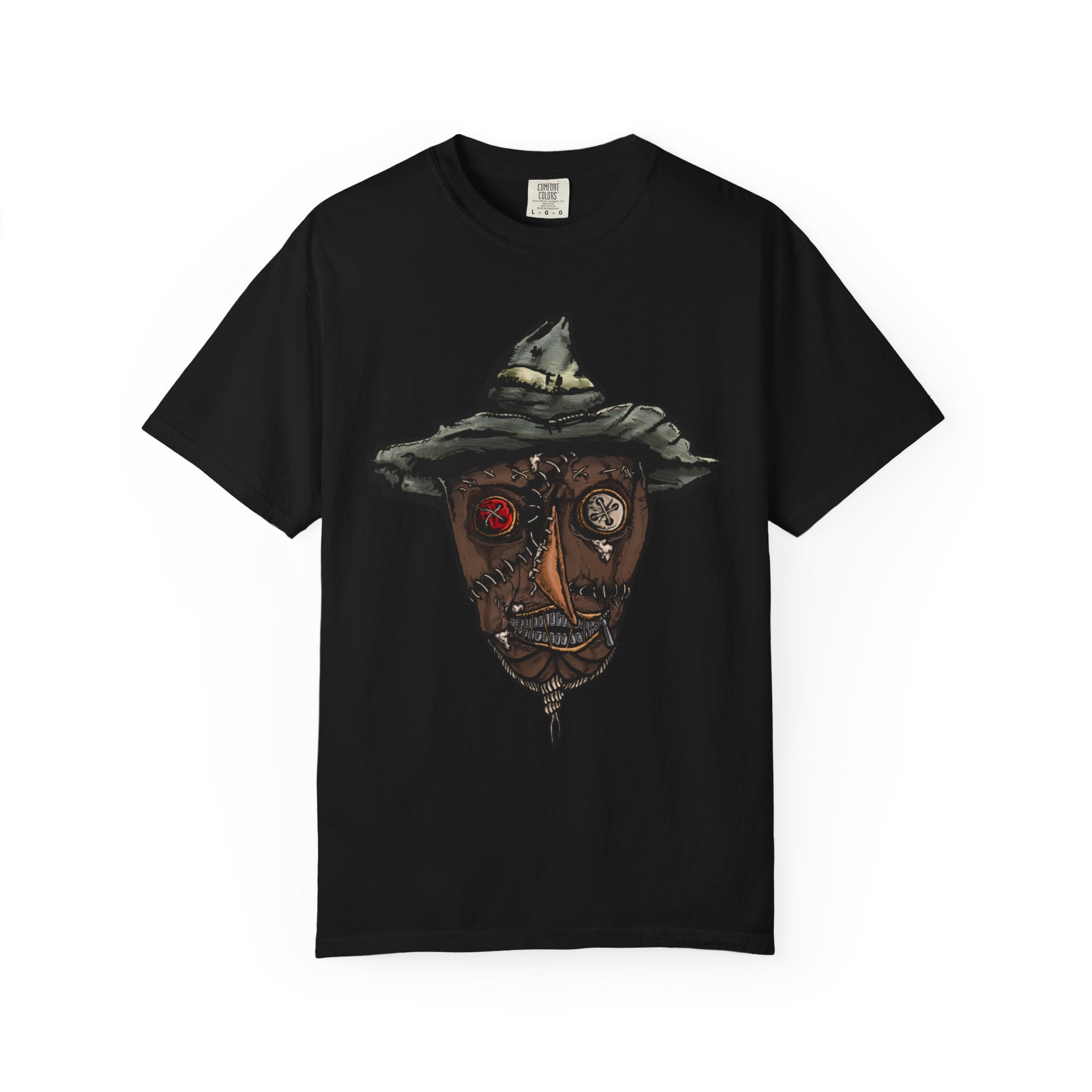 Freaky Features Scarecrow t-shirt, front shows creepy scarecrow head with witch hat and mismatched eyes, back shows open pizza box with lattice cherry pie
