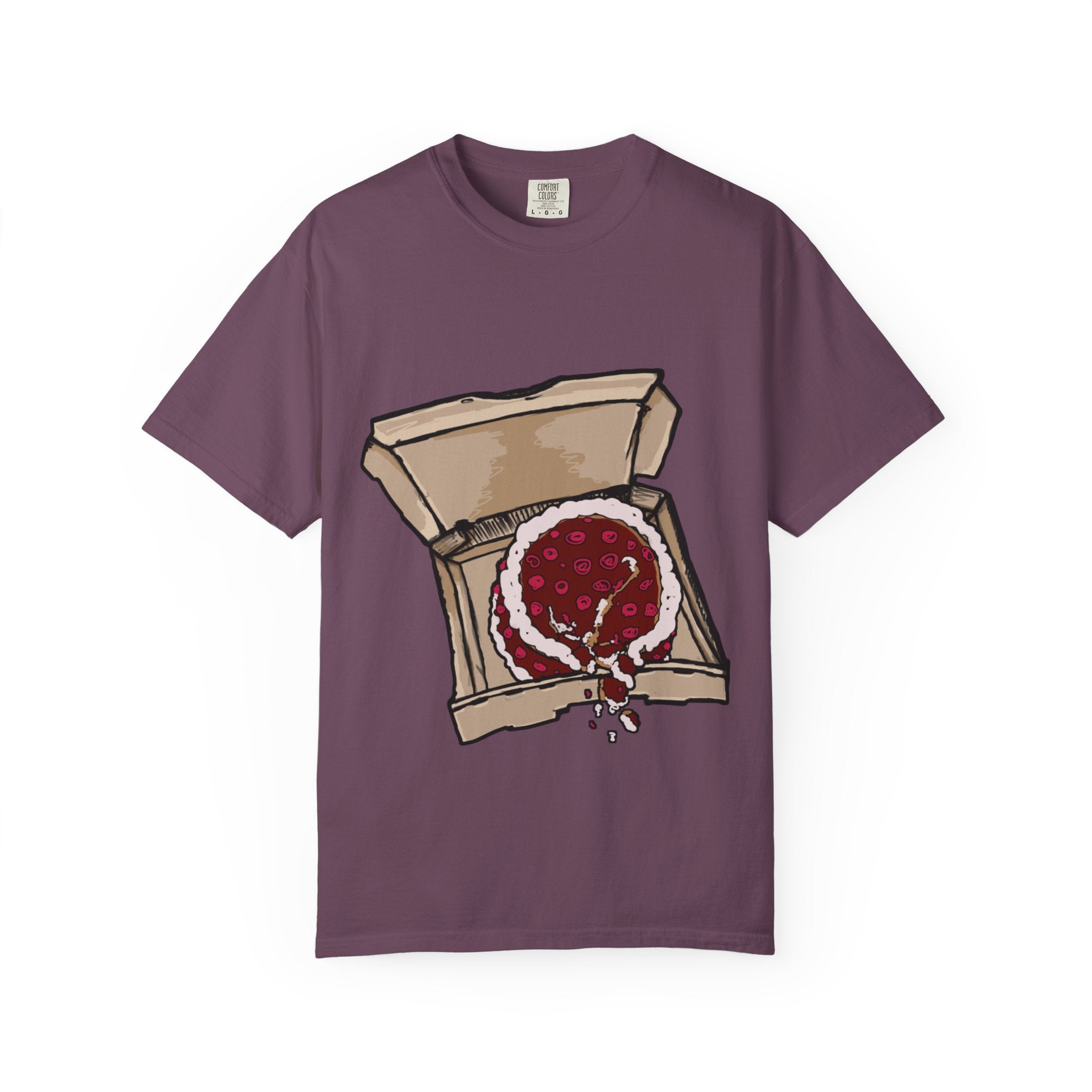 Hand-drawn cake pizza box t-shirt showing open pizza box with melting cake from PizzaBytes collection

