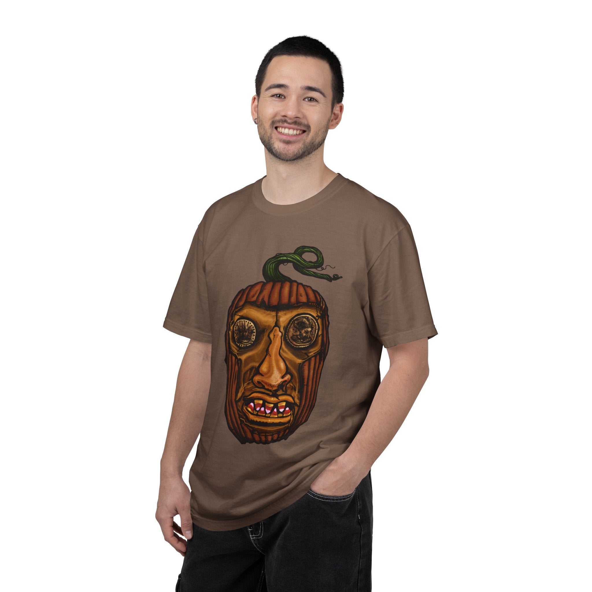 Freaky Features PumpkinJack t-shirt, front shows creepy pumpkin head with vine and candy-corn teeth, back shows open pizza box with two calzones inside