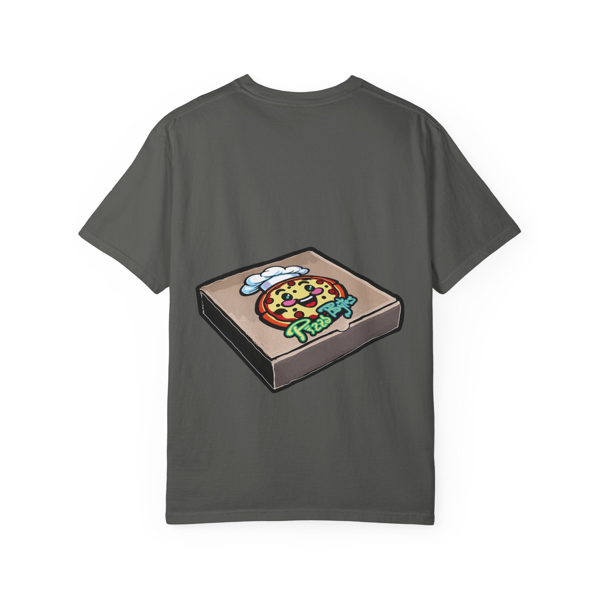 Hand-drawn heart pizza box t-shirt with pink pizza box, heart-shaped pepperoni pizza and floating black hearts on Comfort Color tee from PizzaBytes collection
