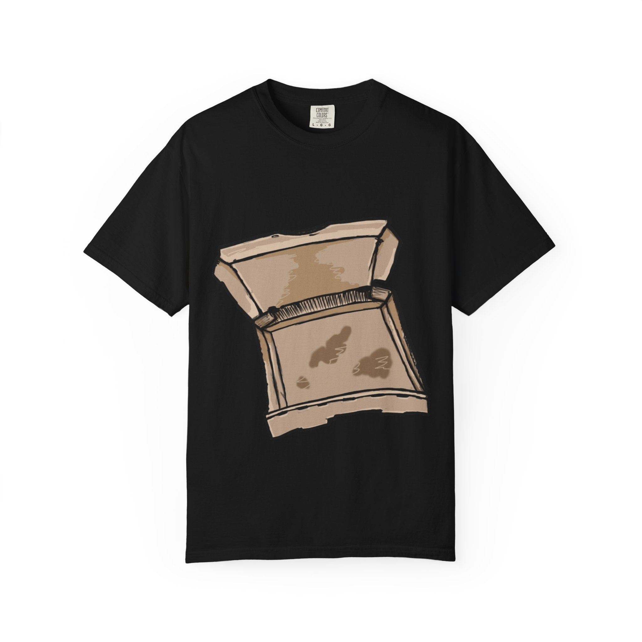 Hand-drawn empty pizza box t-shirt showing open box with grease stains on Comfort tee from PizzaBytes collection
