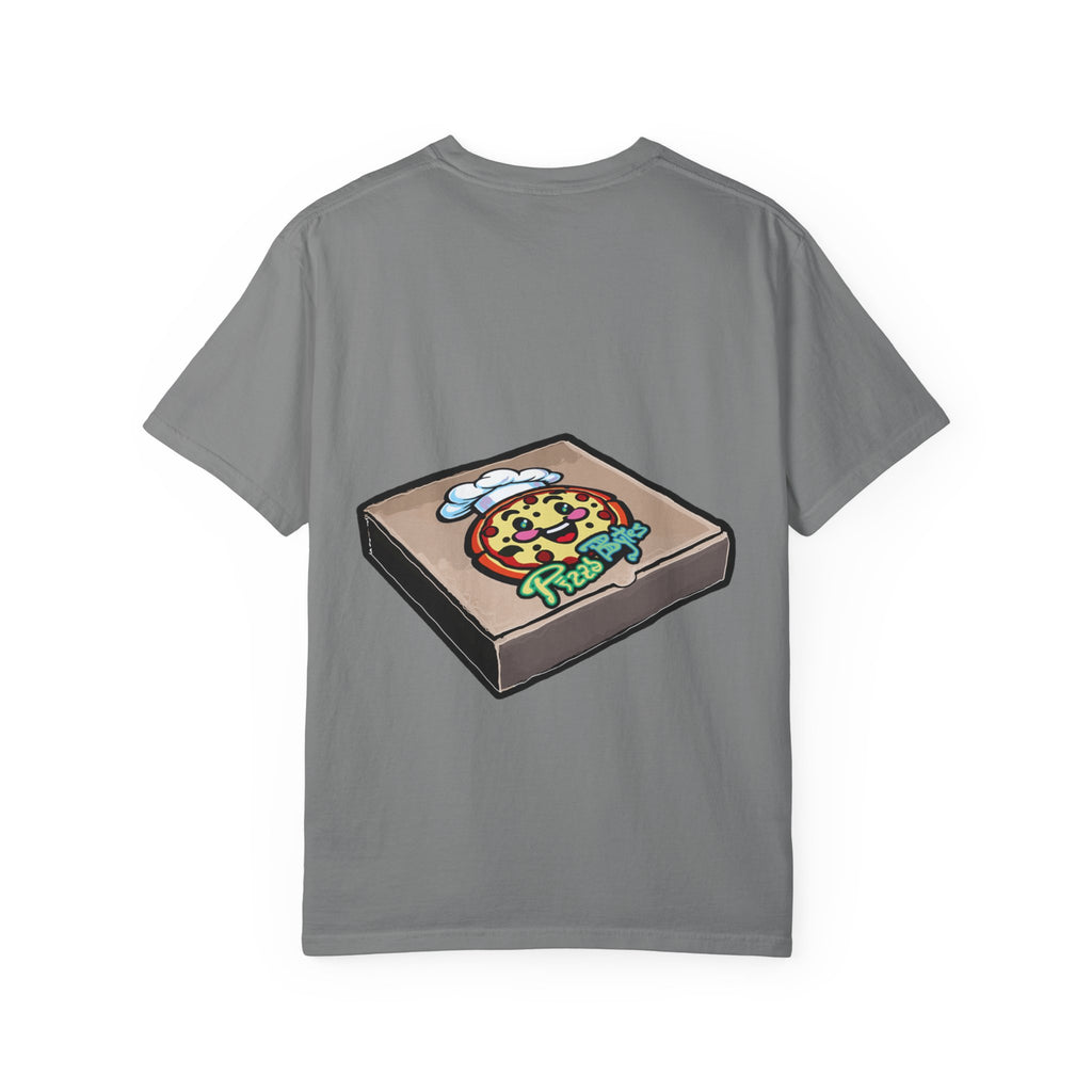Hand-drawn brain pizza box t-shirt showing open pizza box with a detailed human brain pizza from PizzaBytes collection

