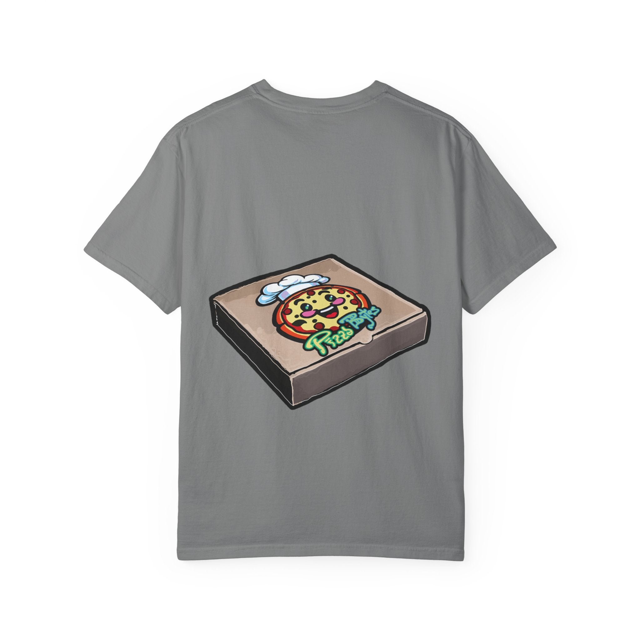 Hand-drawn brain pizza box t-shirt showing open pizza box with a detailed human brain pizza from PizzaBytes collection


