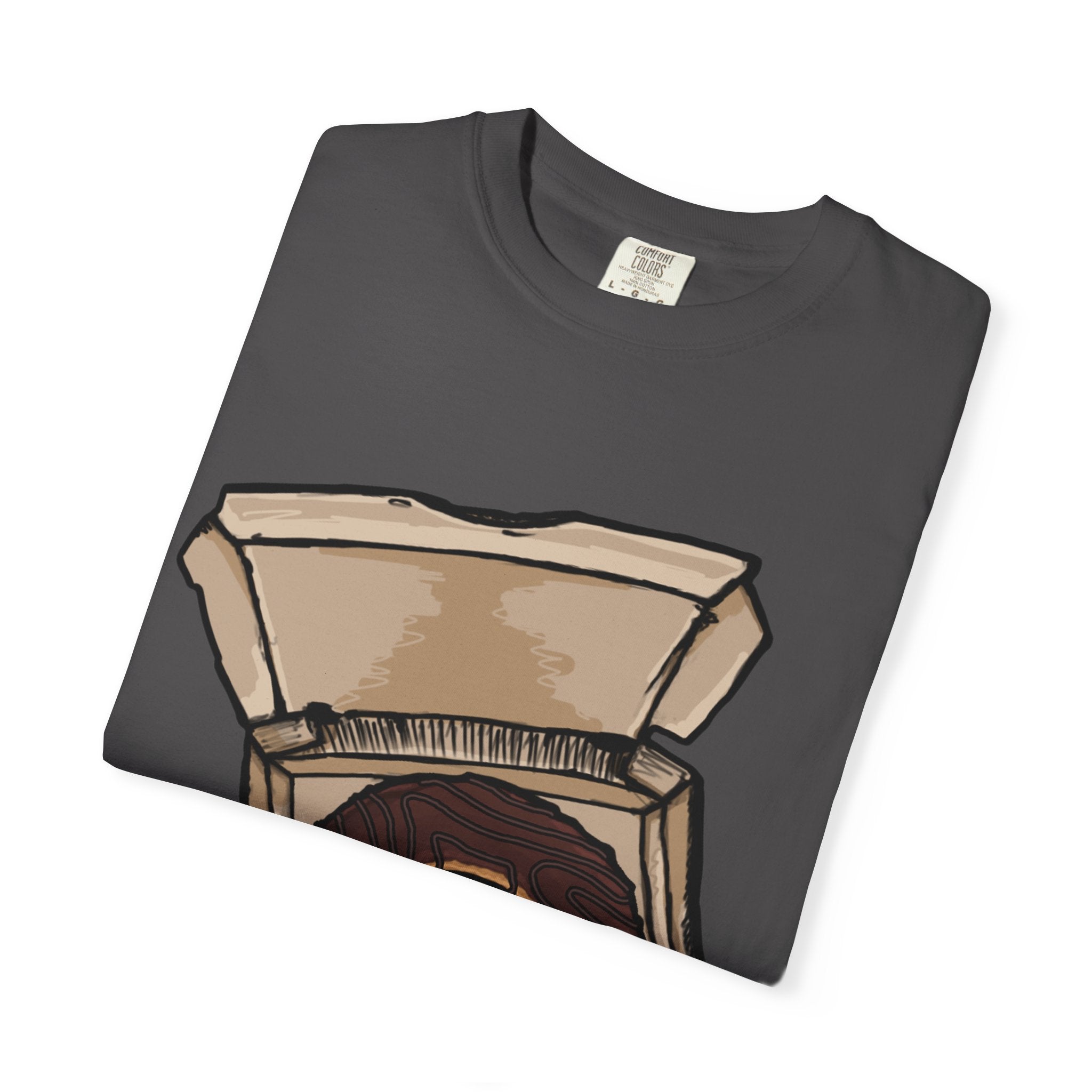 Hand-drawn donut pizza box t-shirt showing open pizza box with chocolate glazed donut from PizzaBytes collection

