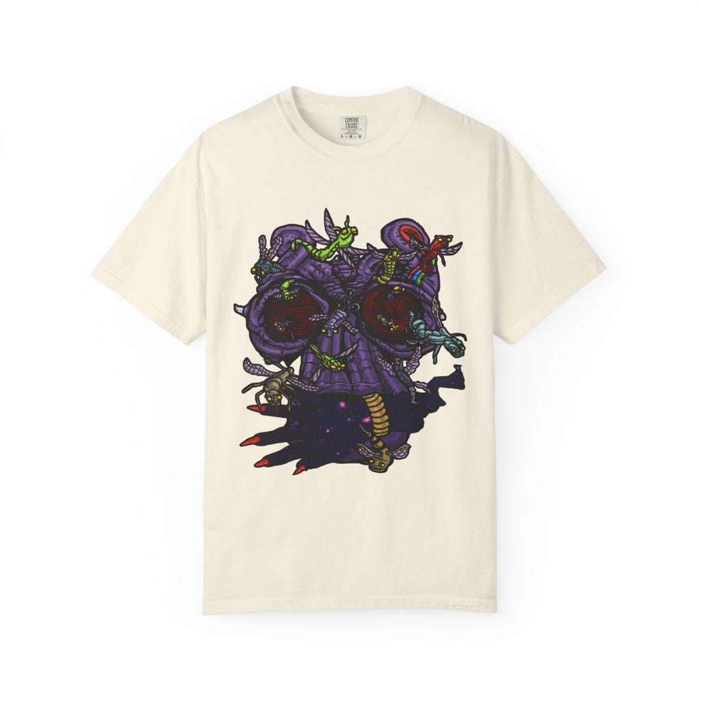 Freaky Features Alien t-shirt, front shows chaotic purple alien tentacles and insect swarm, back shows open pizza box designed as retro TV with pepperoni pizza inside

