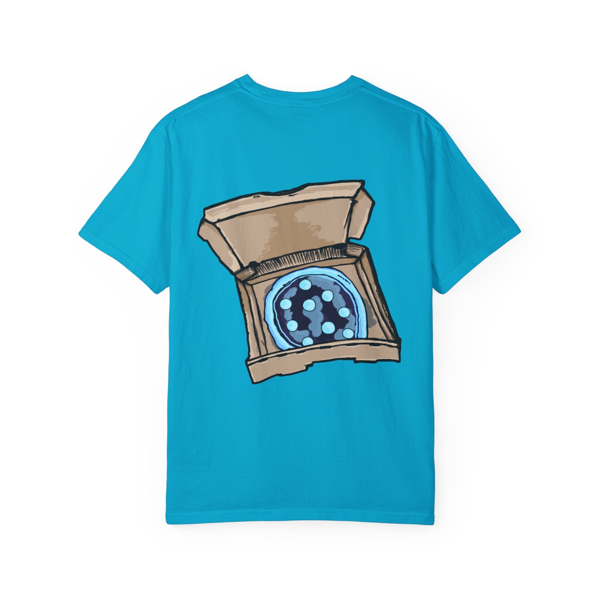 Freaky Features Iceman t-shirt, front shows frozen ice monster head with red goggles and fangs, back shows open pizza box with ice pizza inside
