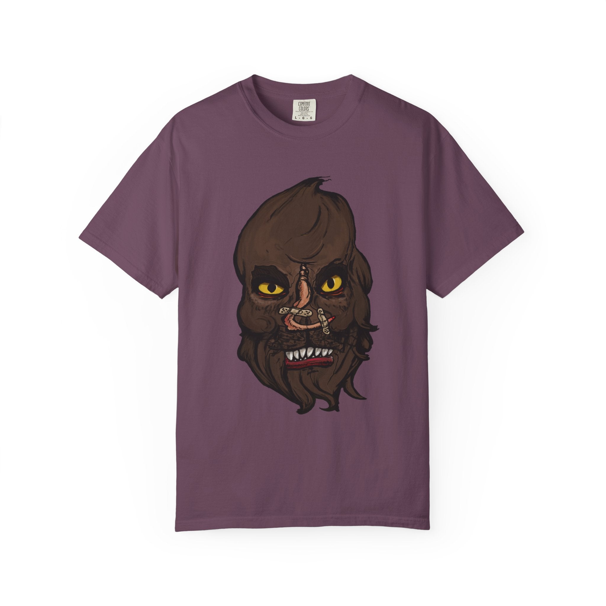 Freaky Features Werewolf t-shirt, front shows werewolf head with glowing yellow eyes and bandaged nose, back shows open pizza box with pepperoni pizza topped with mini cheeseburgers
