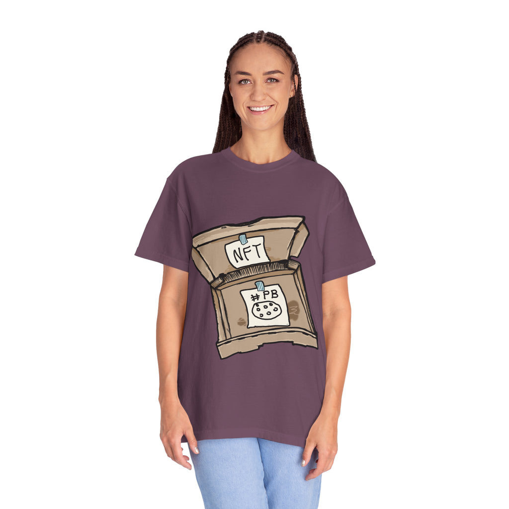 Hand-drawn NFT pizza box t-shirt showing open pizza box with NFT note and #PB pizza drawing from PizzaBytes collection

