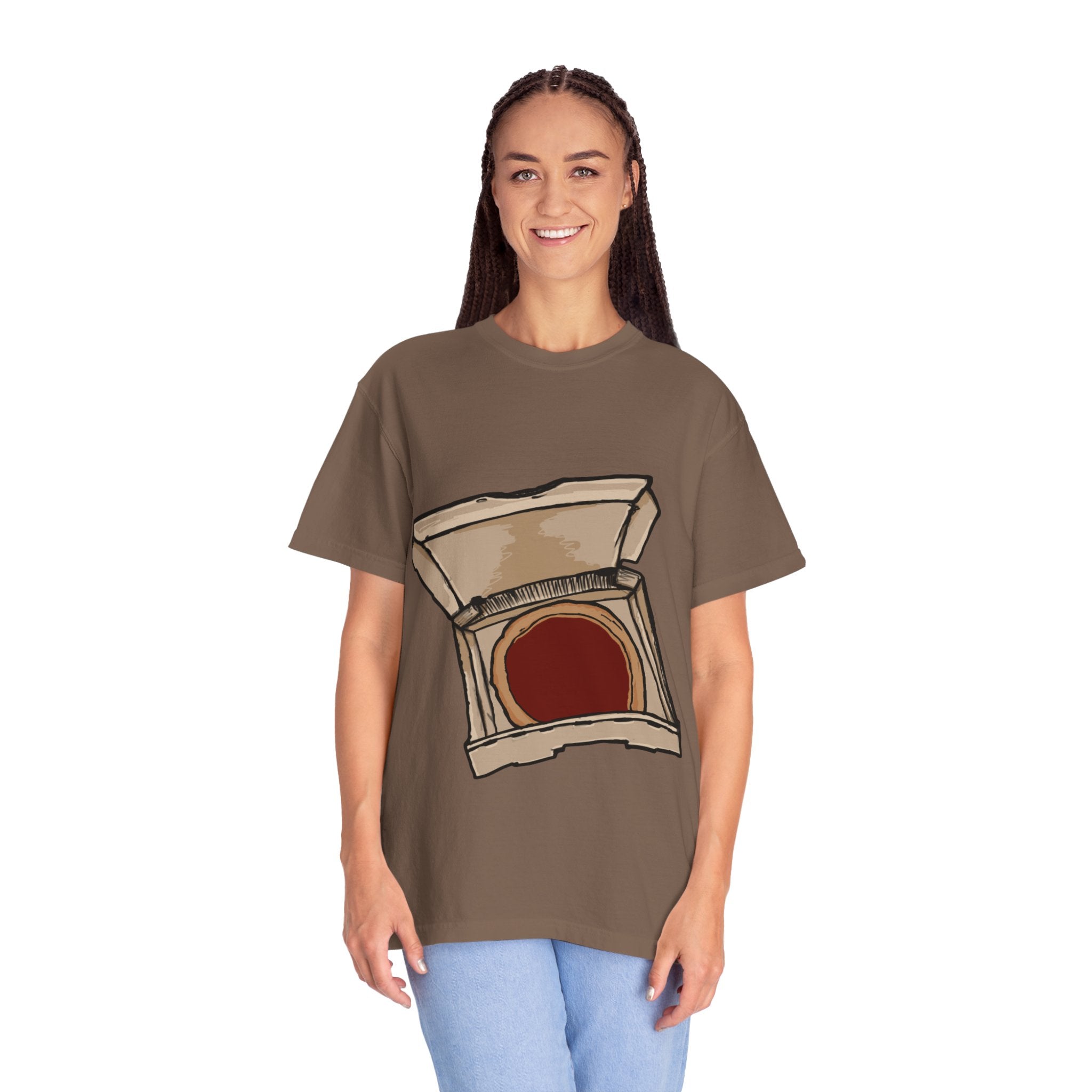 Hand-drawn red sauce pizza box t-shirt showing open pizza box with red sauce pizza from PizzaBytes collection


