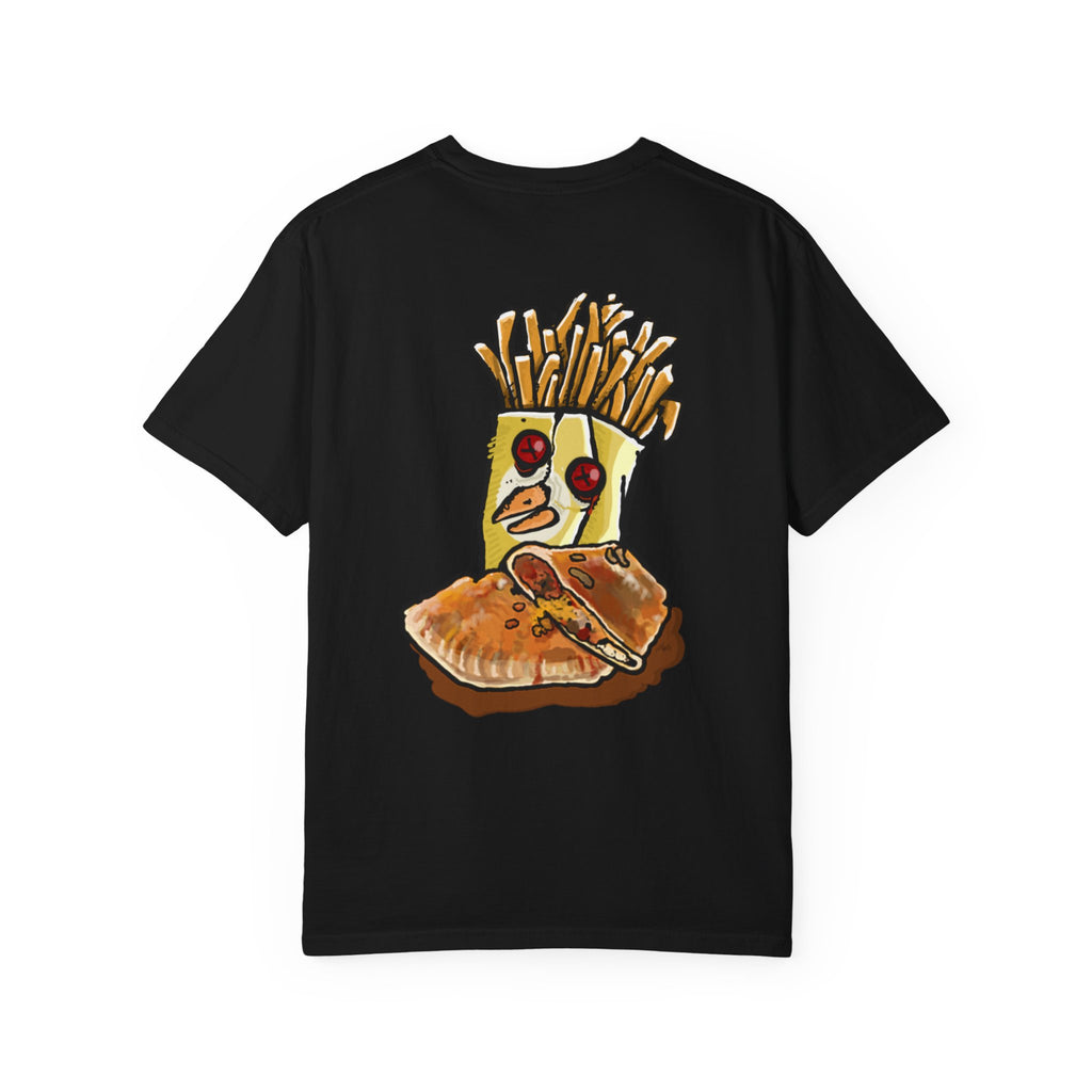Hand-drawn PizzaBytes Set #4 t-shirt showing a cute blue soda cup monster with heart eyes in front of multiple open pizza boxes from PizzaBytes collection

