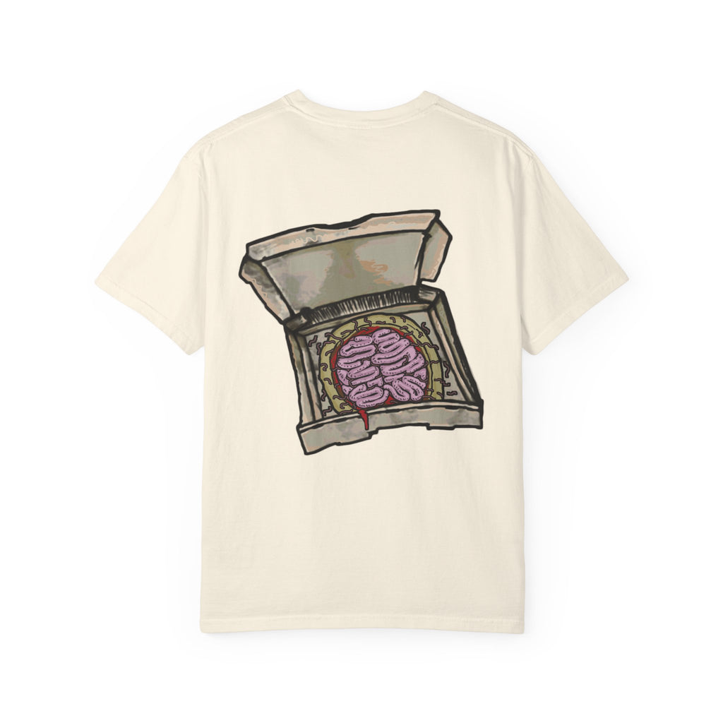 Freaky Features Mummy t-shirt, front shows bandaged mummy head with exposed brain and glowing eyes, back shows open pizza box with brain pizza and worms
