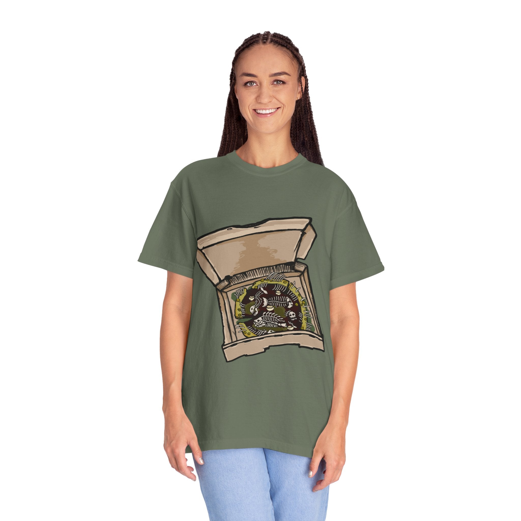 Hand-drawn sewer pizza box t-shirt showing open pizza box with skeletons, bones and green sludge pizza from PizzaBytes collection

