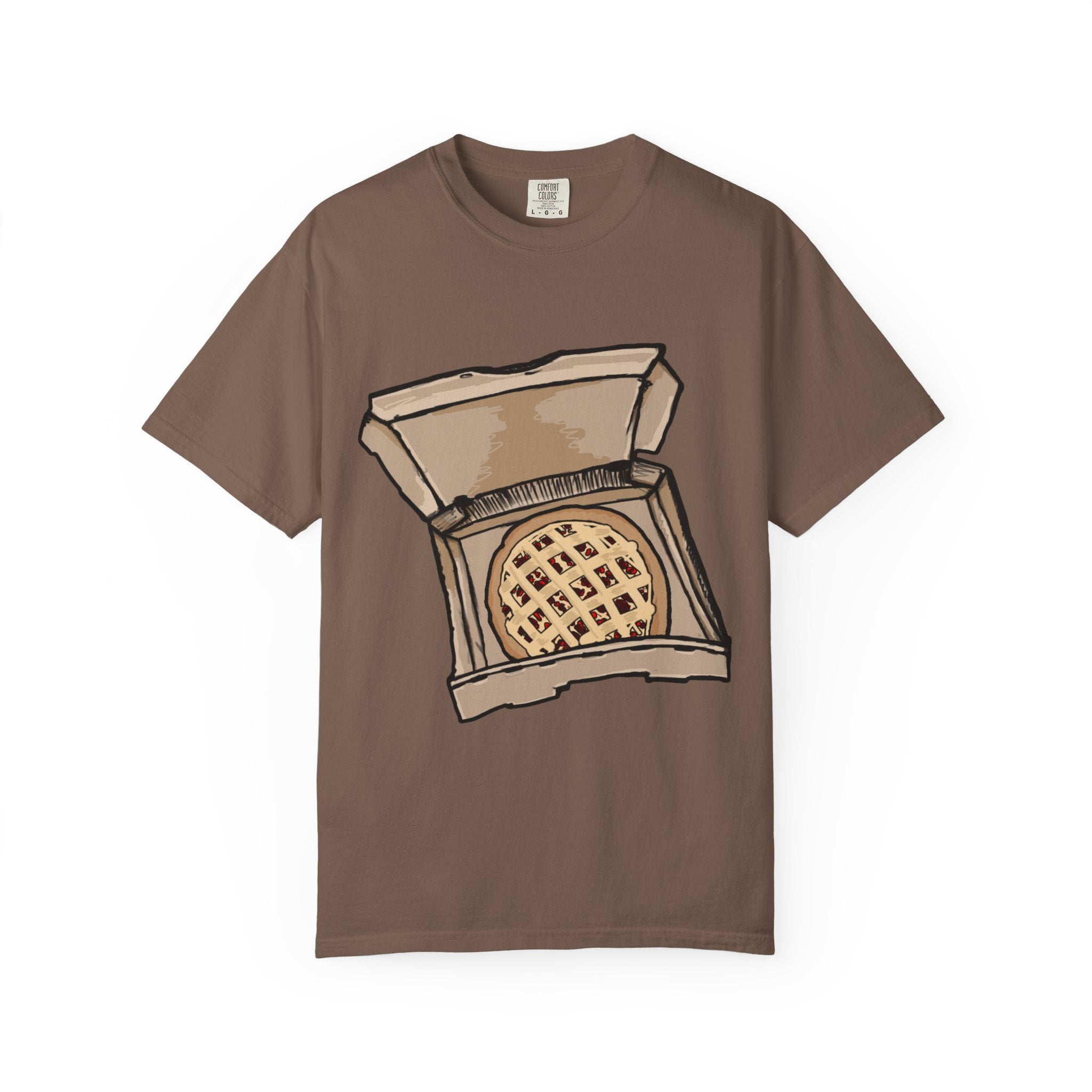Hand-drawn cherry pie pizza box t-shirt showing open pizza box with lattice-top cherry pie from PizzaBytes collection

