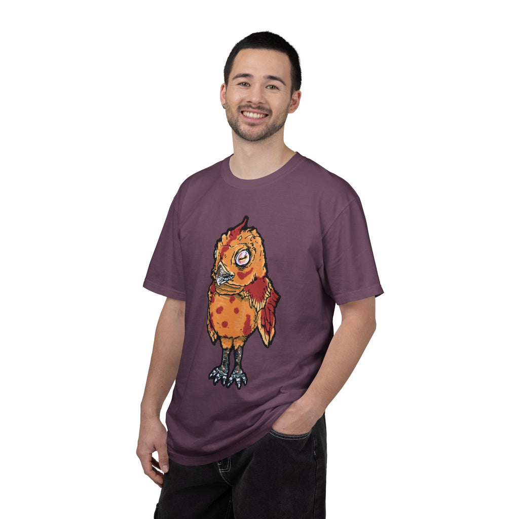 Hand-drawn spotted pizza owl monster t-shirt with melted cheese spots, pepperoni red markings and big multicolored eye tee from PizzaBytes collection