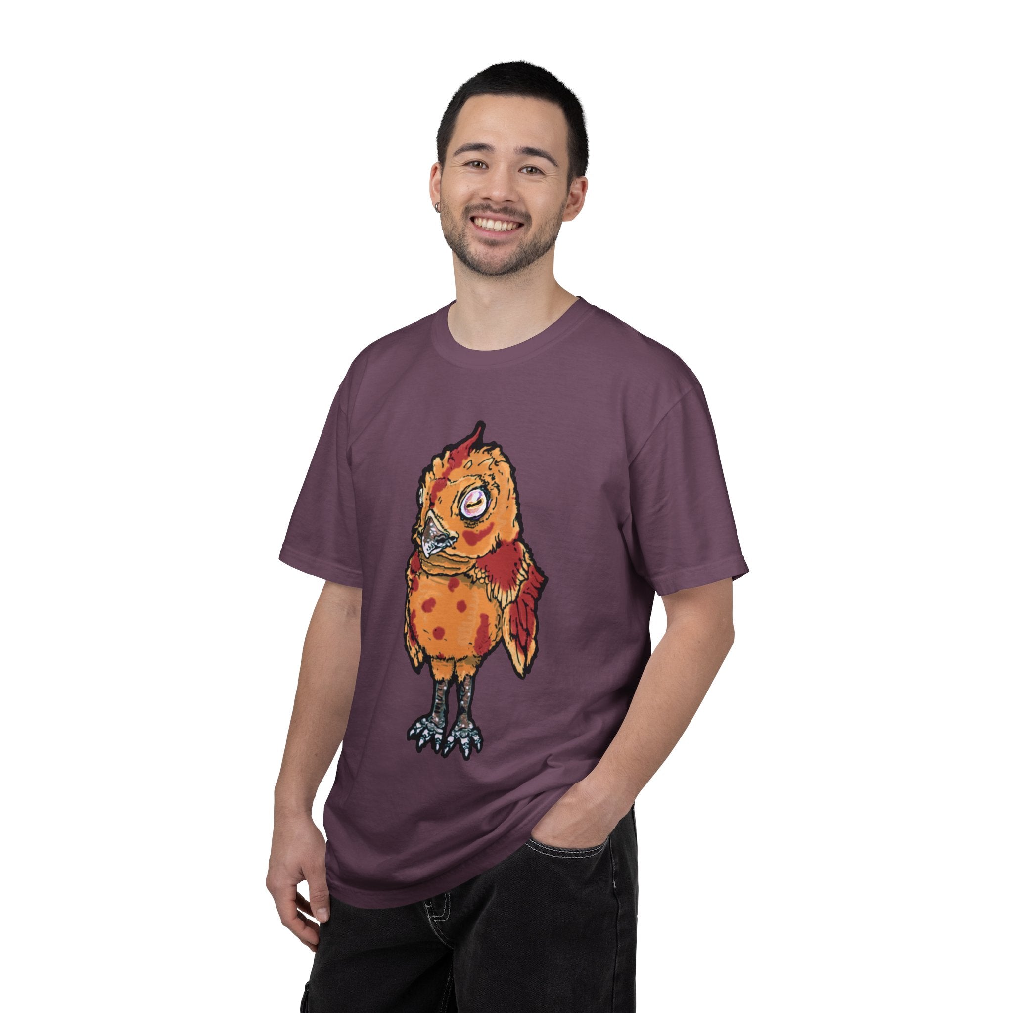 Hand-drawn spotted pizza owl monster t-shirt with melted cheese spots, pepperoni red markings and big multicolored eye tee from PizzaBytes collection