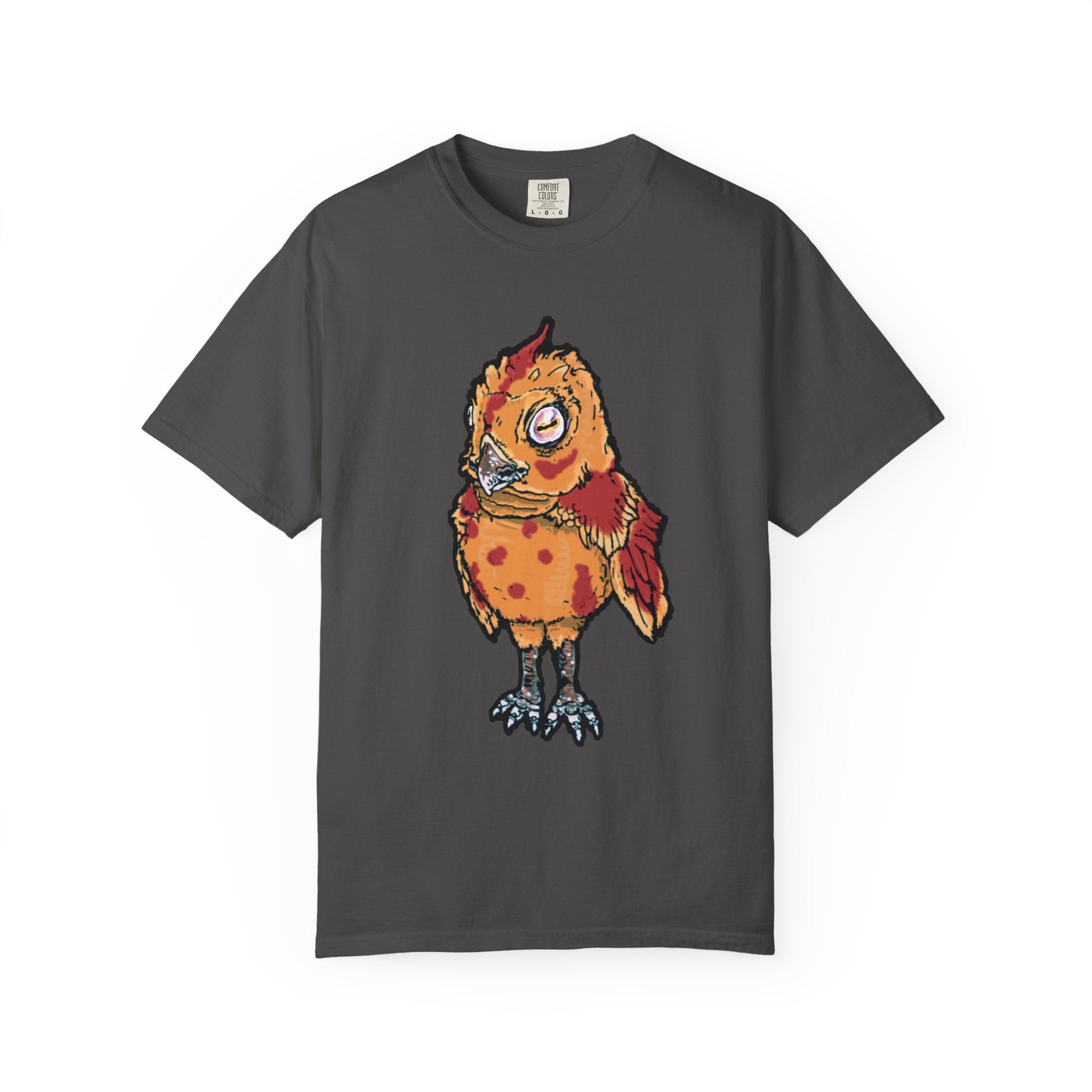 Hand-drawn spotted pizza owl monster t-shirt with melted cheese spots, pepperoni red markings and big multicolored eye tee from PizzaBytes collection
