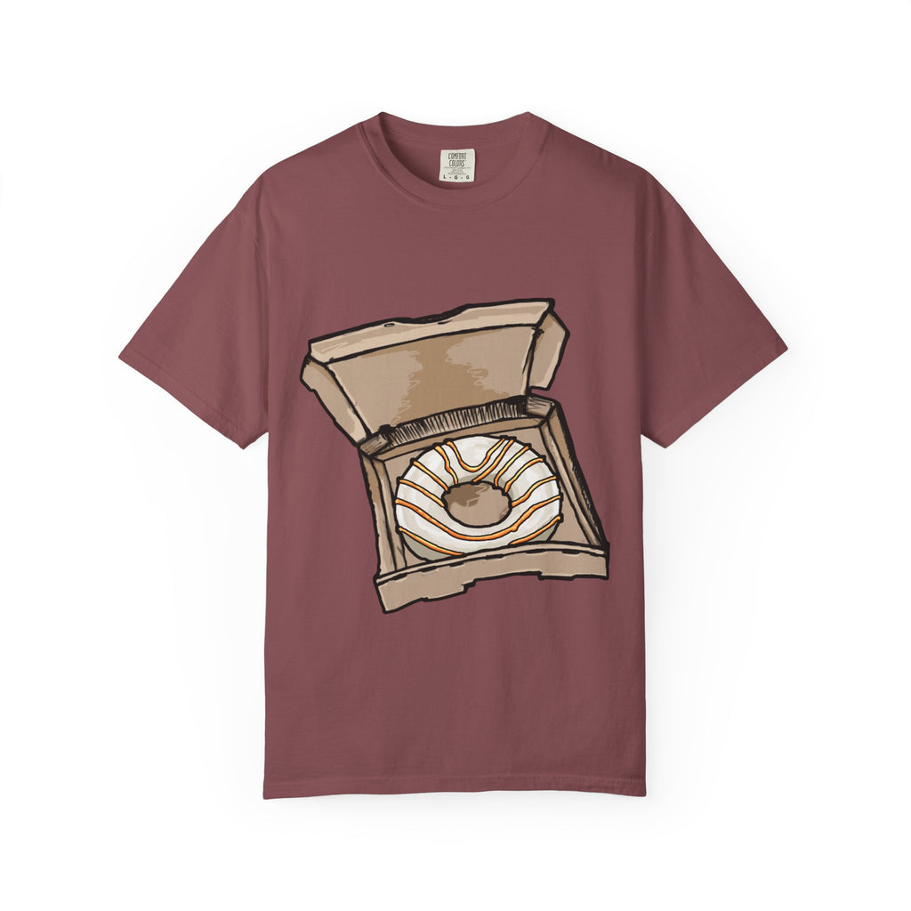 Hand-drawn donut pizza box t-shirt showing open pizza box with white-iced donut and orange drizzle from PizzaBytes collection

