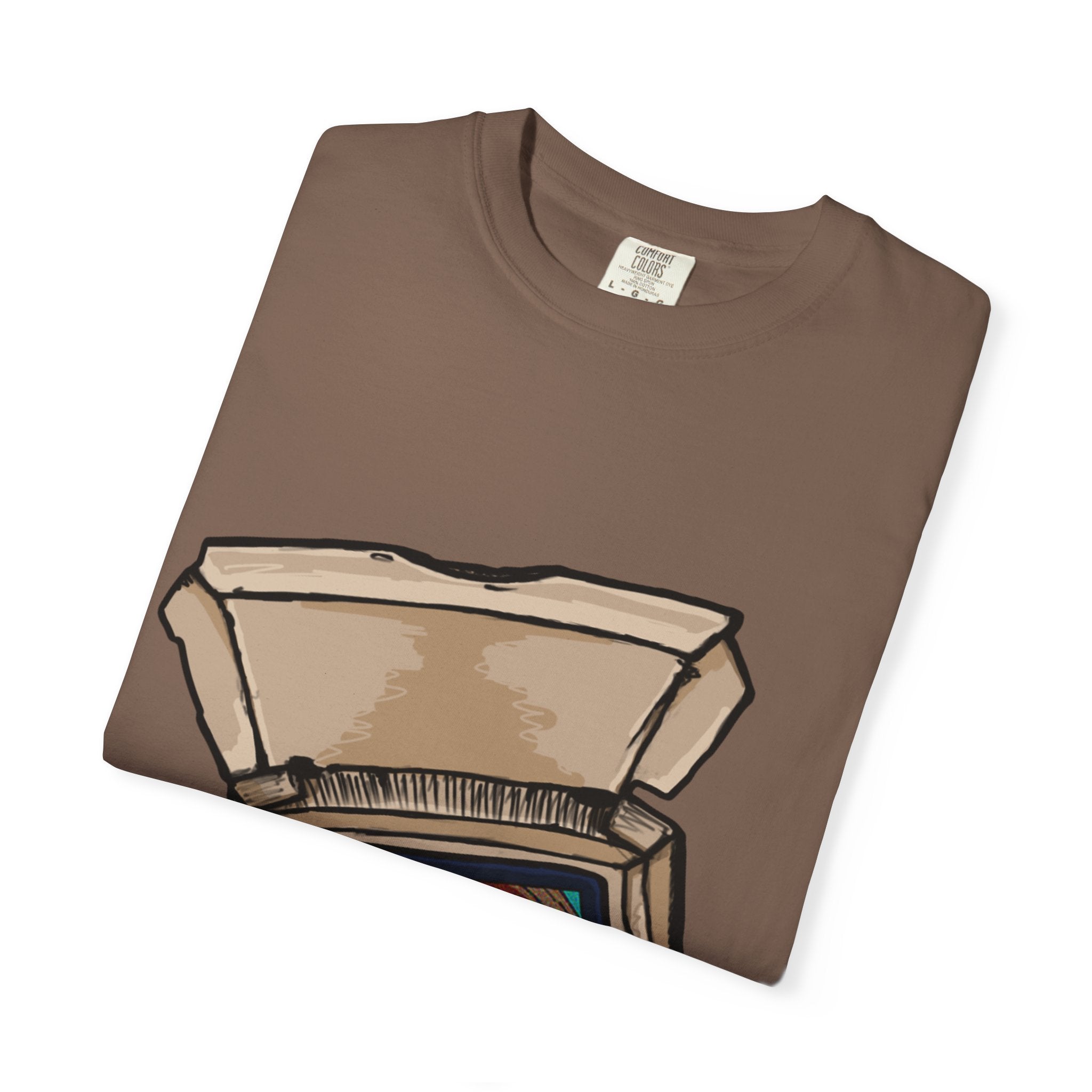 Hand-drawn TV pizza box t-shirt showing open pizza box turned into a retro television with pepperoni pizza on the screen from PizzaBytes collection


