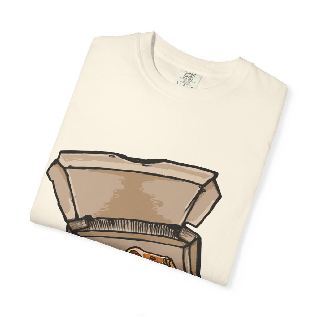 Hand-drawn calzone pizza box t-shirt showing open pizza box with two calzones from PizzaBytes collection

