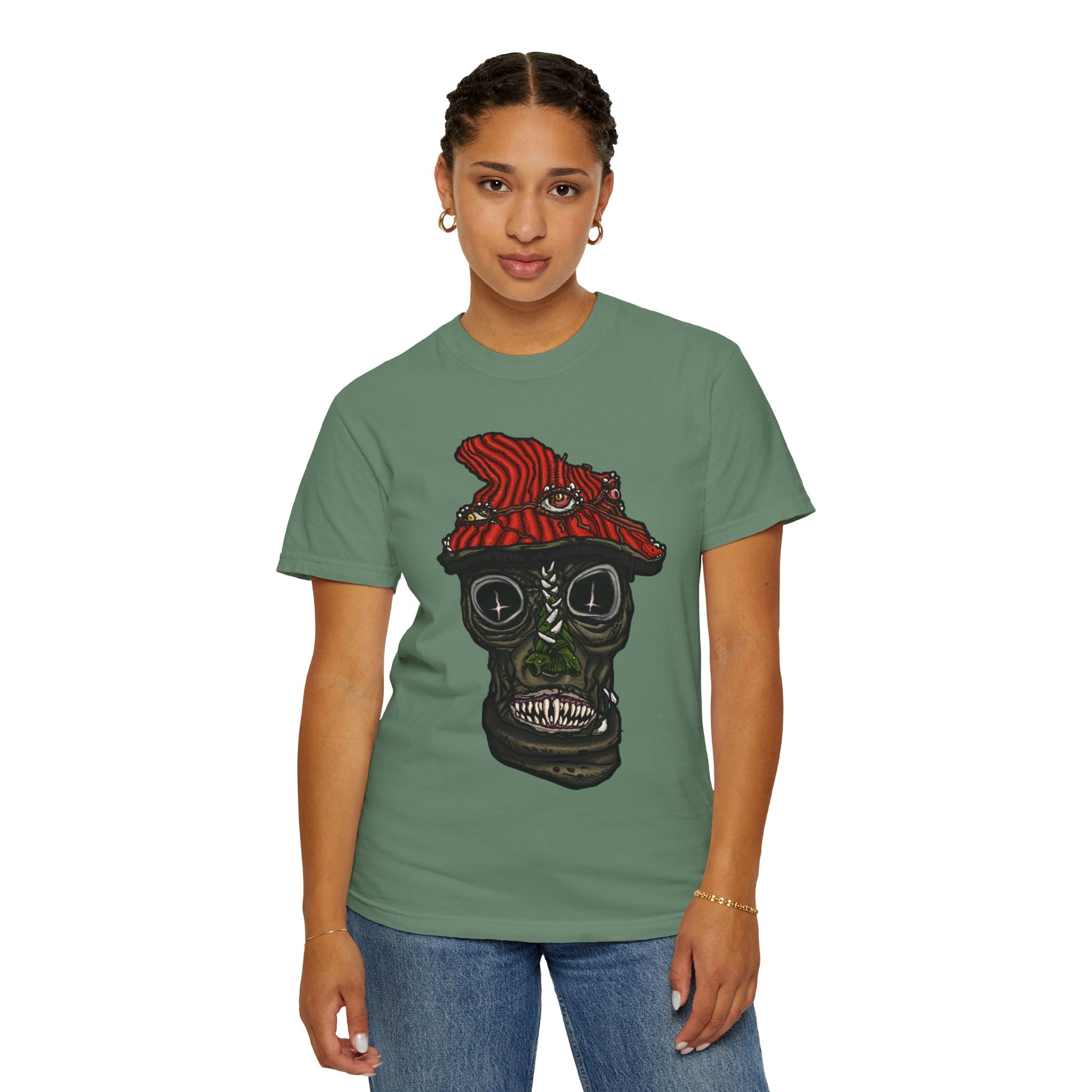 Freaky Features Mushroom Boy t-shirt, front shows grotesque mushroom skull with red cap and multiple eyes, back shows open pizza box with rainbow sprinkle donut
