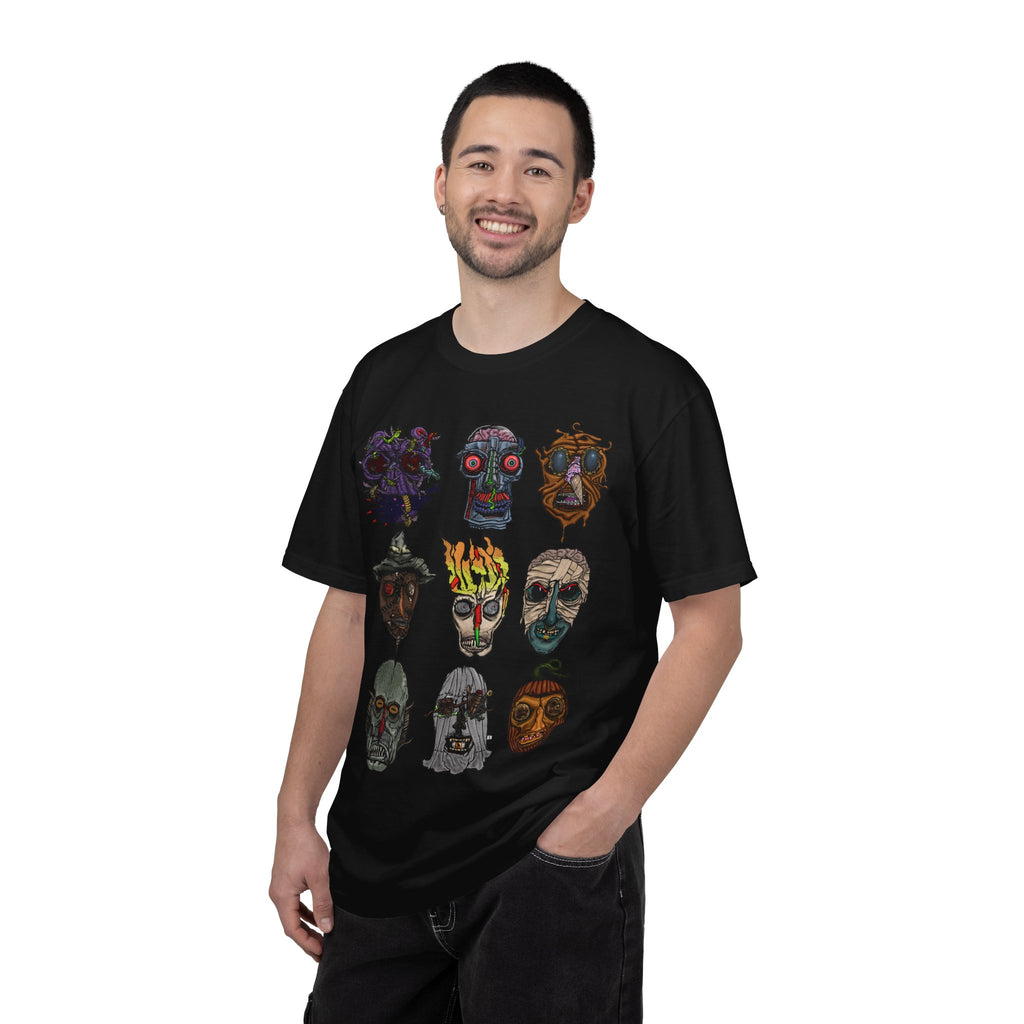 Freaky Features Collective #1 t-shirt, front and back show 3x3 grids of hand-drawn monster heads including alien, robot, melting chocolate, scarecrow, flaming skull, mummy, fishman, ghost, and pumpkinjack

