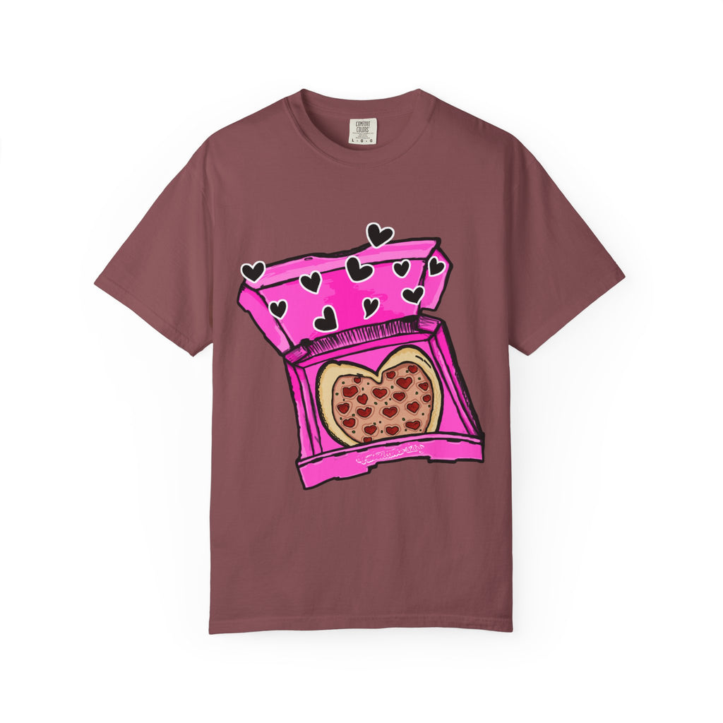 Hand-drawn heart pizza box t-shirt with pink pizza box, heart-shaped pepperoni pizza and floating black hearts on Comfort Color tee from PizzaBytes collection
