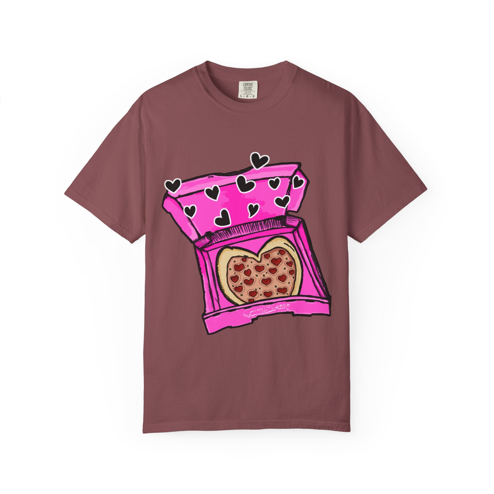 Hand-drawn heart pizza box t-shirt with pink pizza box, heart-shaped pepperoni pizza and floating black hearts on Comfort Color tee from PizzaBytes collection
