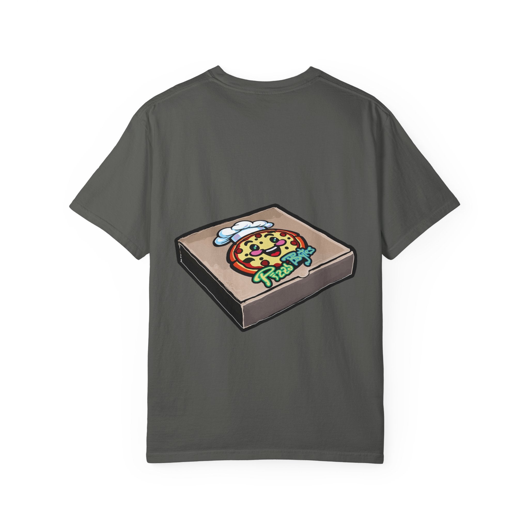 Hand-drawn toxic pizza stack t-shirt with glowing green pizza character and slimy tentacle on tee from PizzaBytes collection