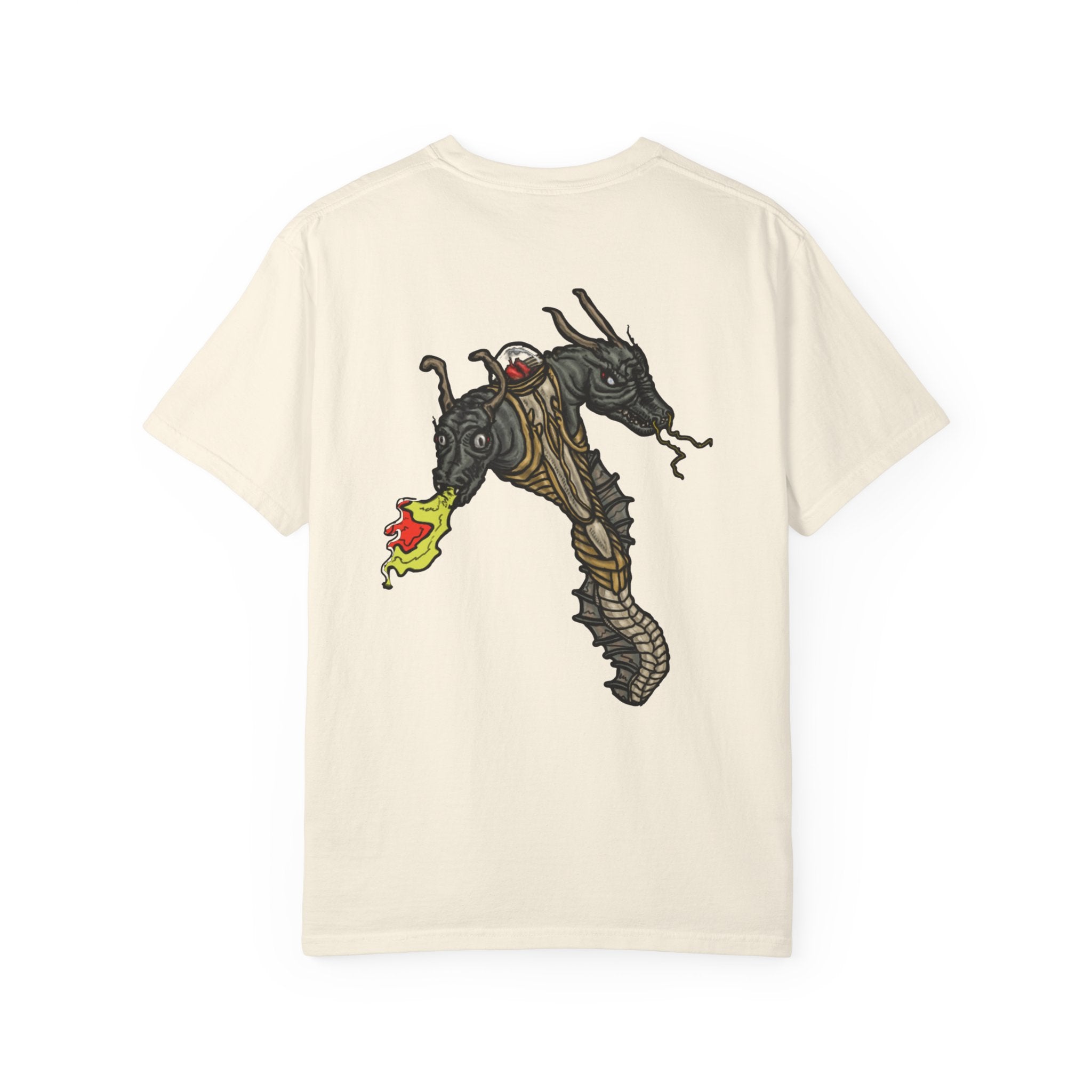 Front:
Hand-drawn Item Selection #1 t-shirt from Freaky Features showing a collection of monster weapons: broom, bat staff, skeletal scythe, shark dagger, ice cream cone and war hammer on dark gray tee
Back:
Freaky Features Dragon Serpent t-shirt showing a two-headed reptilian monster breathing green flame on the back of a cream tee