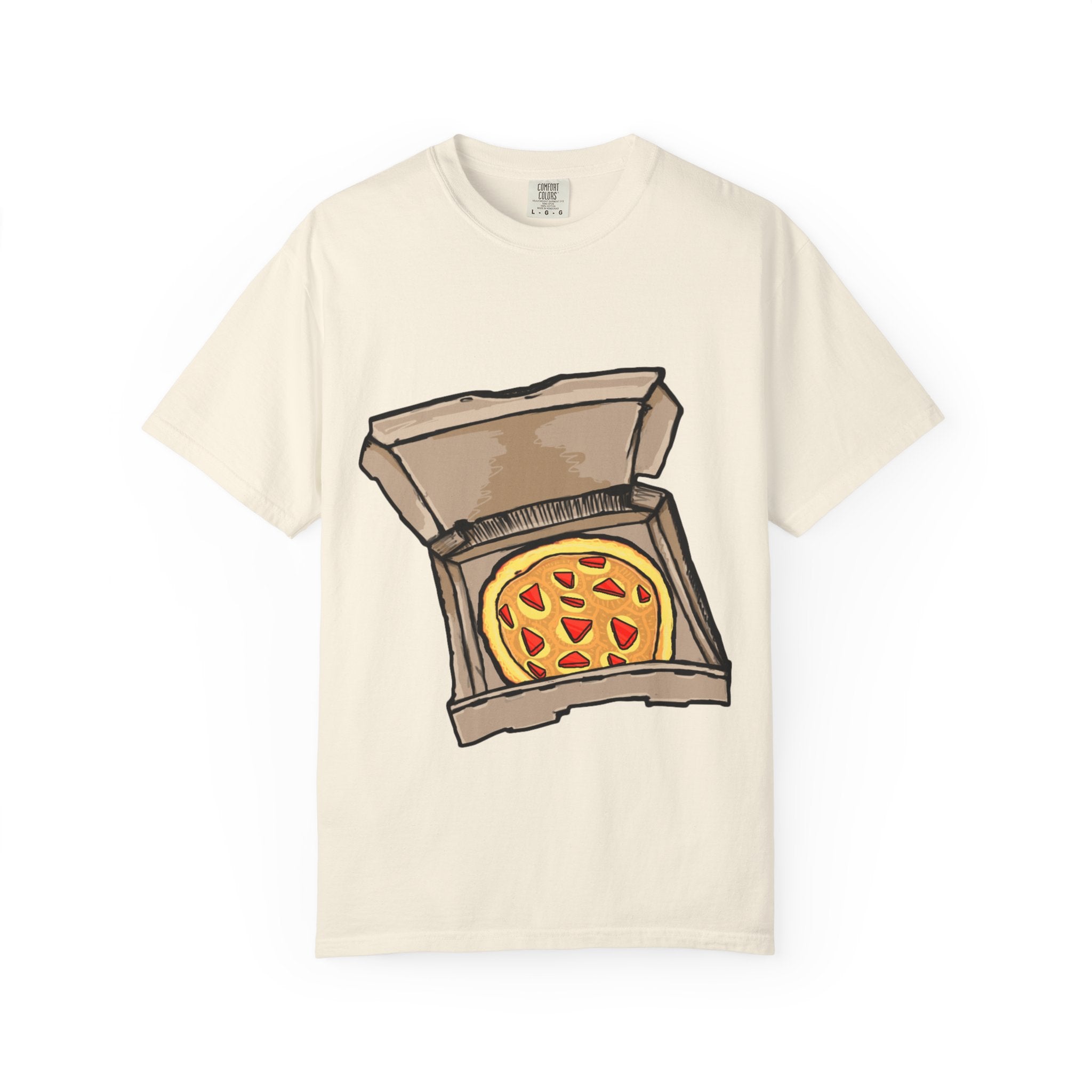 Hand-drawn gold pizza box t-shirt showing open pizza box with gold pizza and red diamond toppings from PizzaBytes collection


