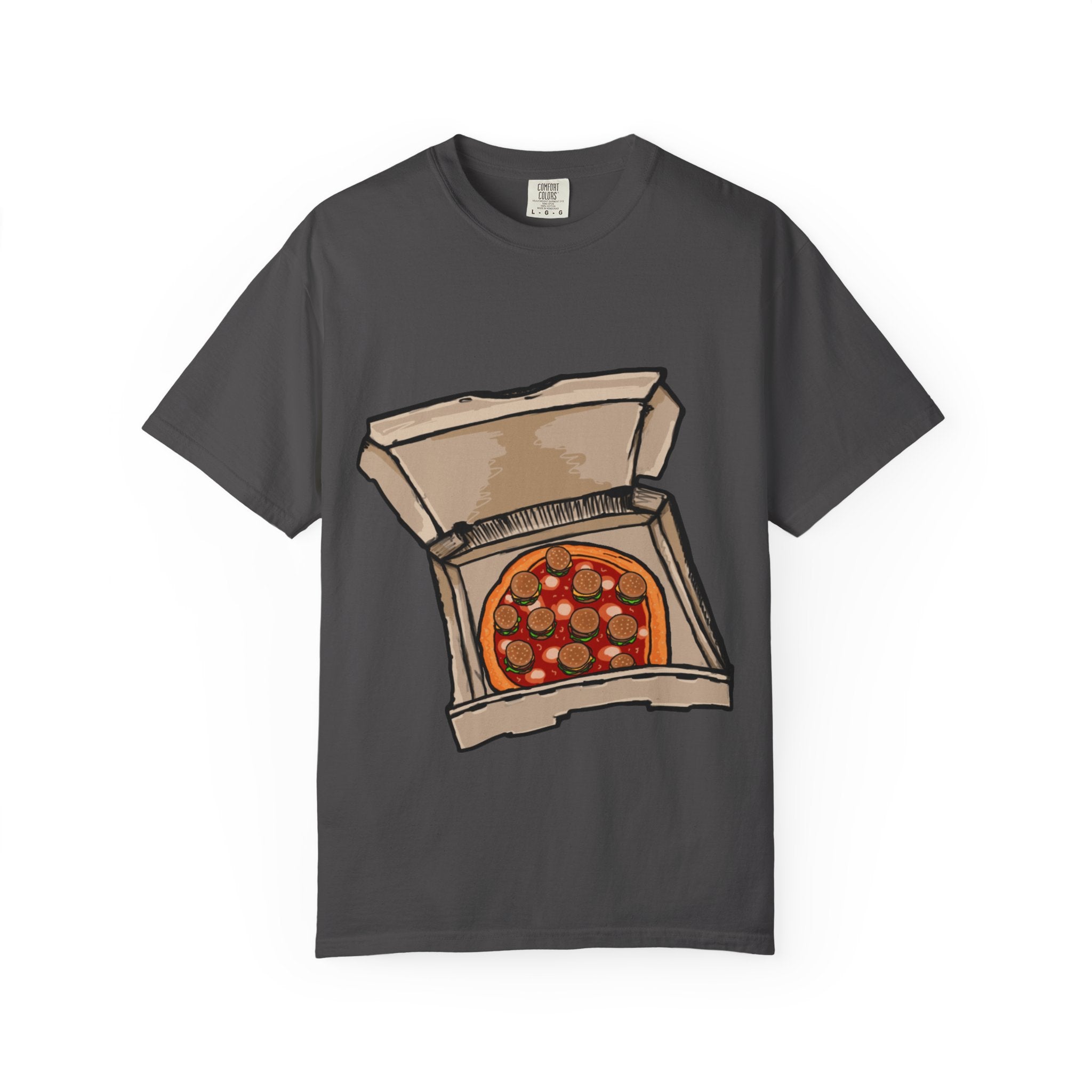 Hand-drawn burger pizza box t-shirt showing open pizza box with pepperoni pizza topped with mini cheeseburgers on Comfort tee from PizzaBytes collection